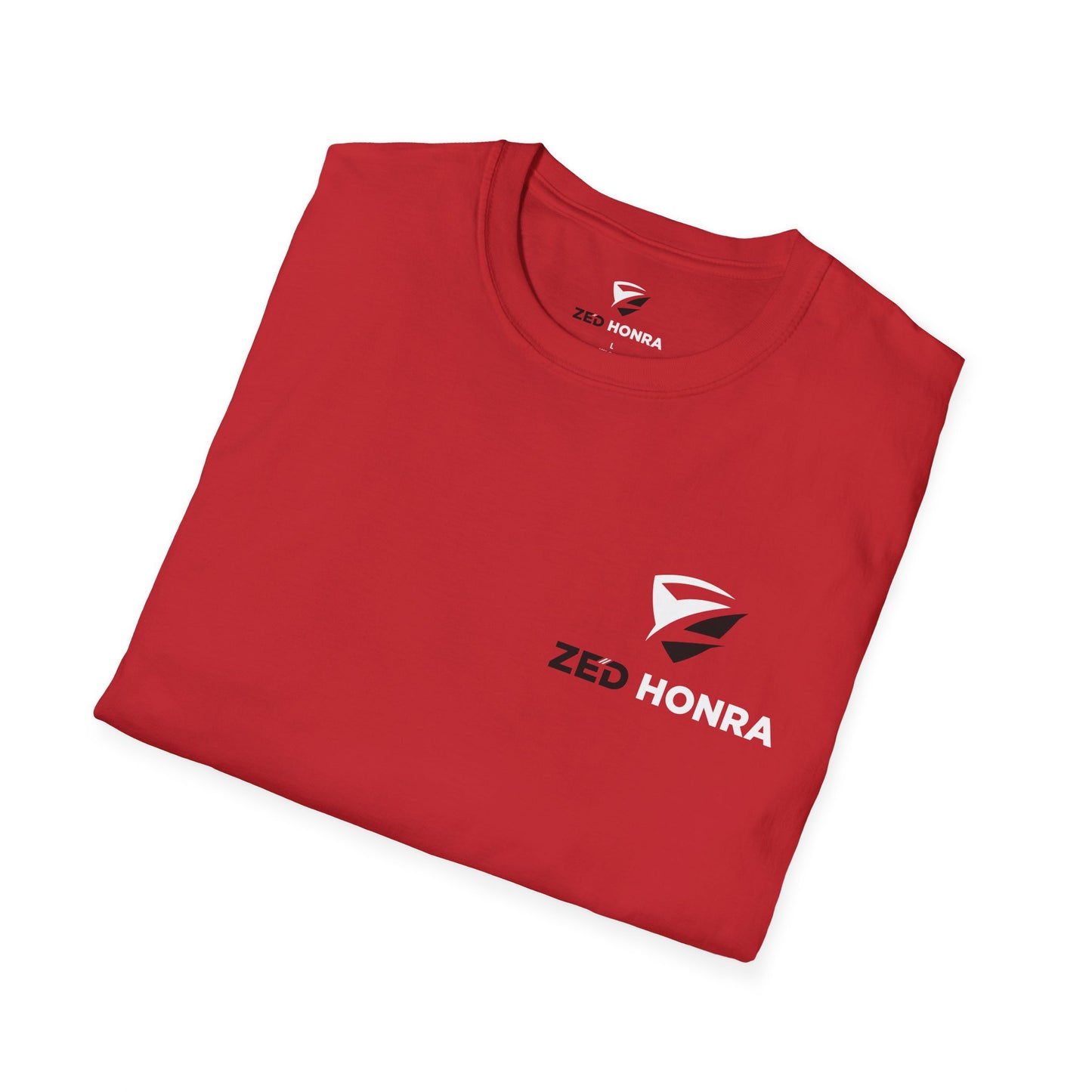 Folded red t-shirt with ZED HONRA logo on a white background