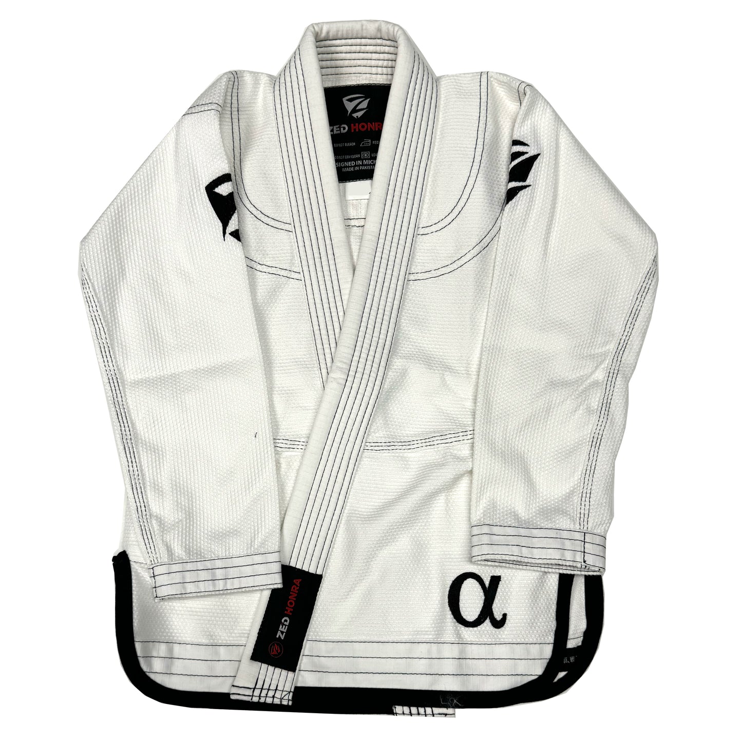 Zed Honra Youth Alpha Gi – Front View of White BJJ Kimono Jacket with Arms Down