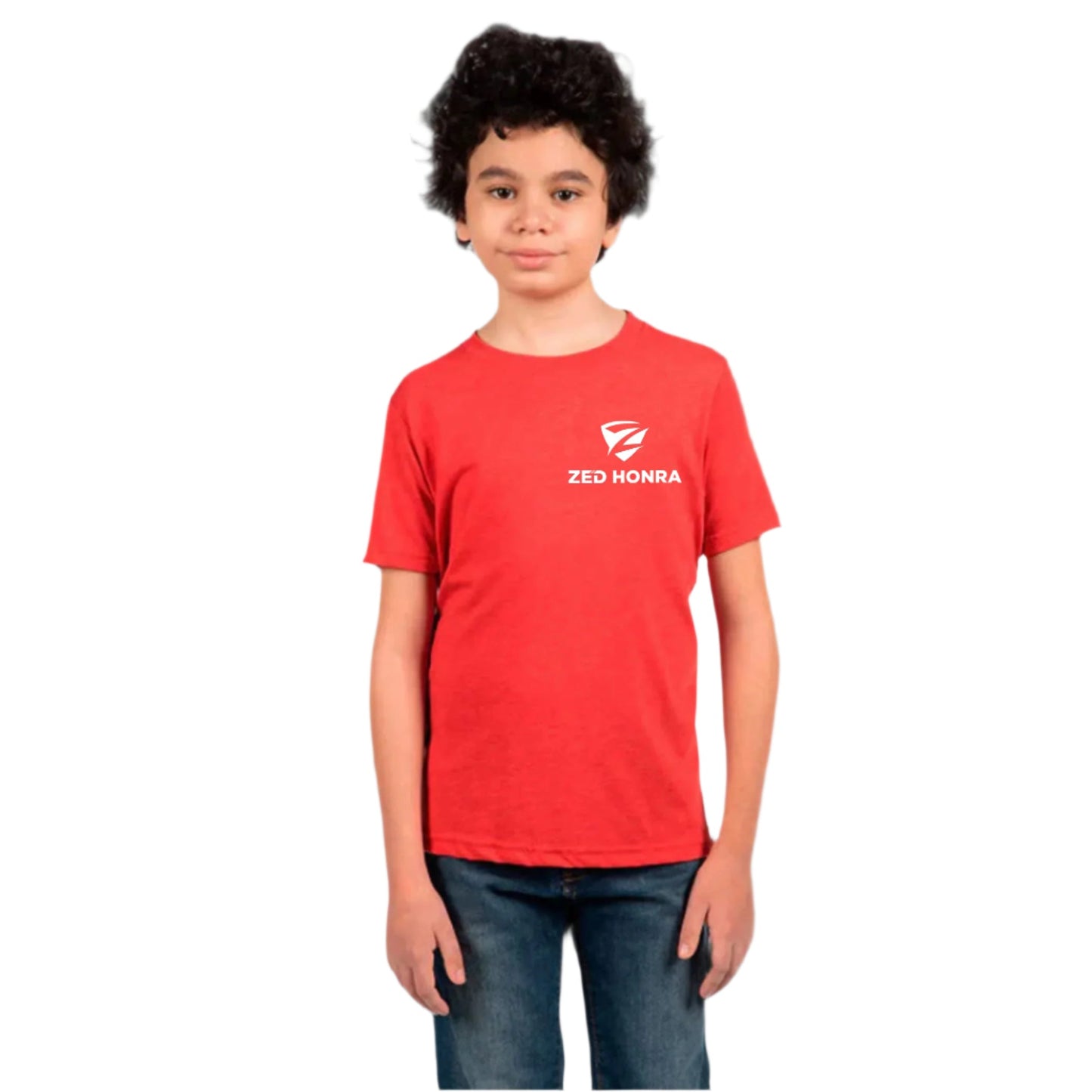 Zed Honra ‘Bone Collector’ Youth Jiu-Jitsu T-Shirt in Vintage Red – Front View on boy