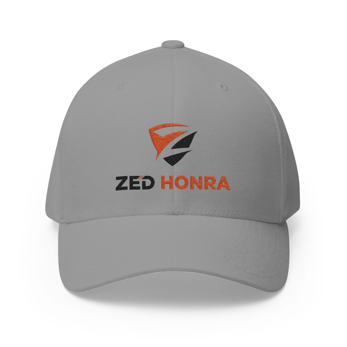 Grey FlexFit Cap with Zed Honra embroidered logo – front view