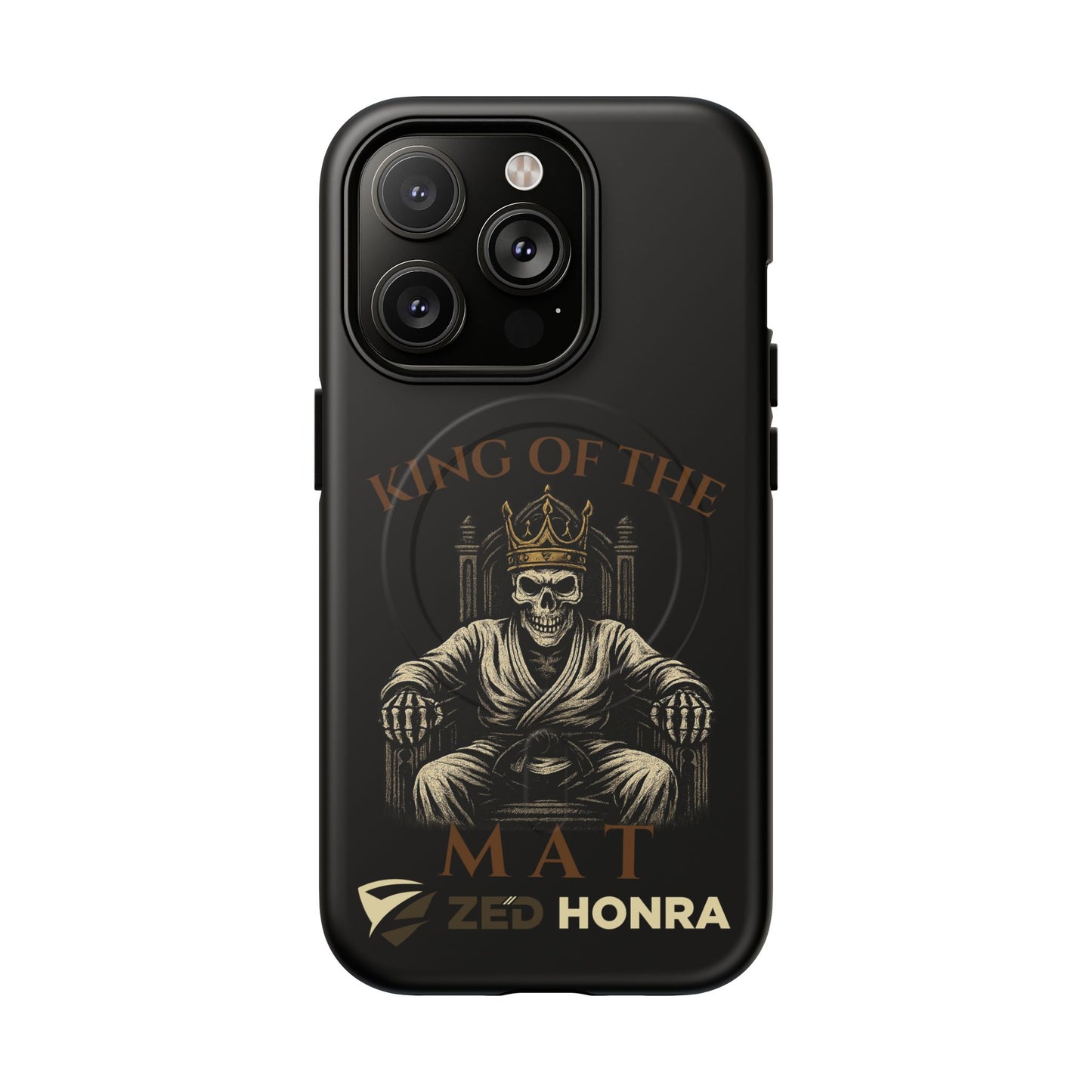 Phone case with a skull in a Zed Honra kimono and crown, text 'King of the Mat' and 'Zed Honra' logo.