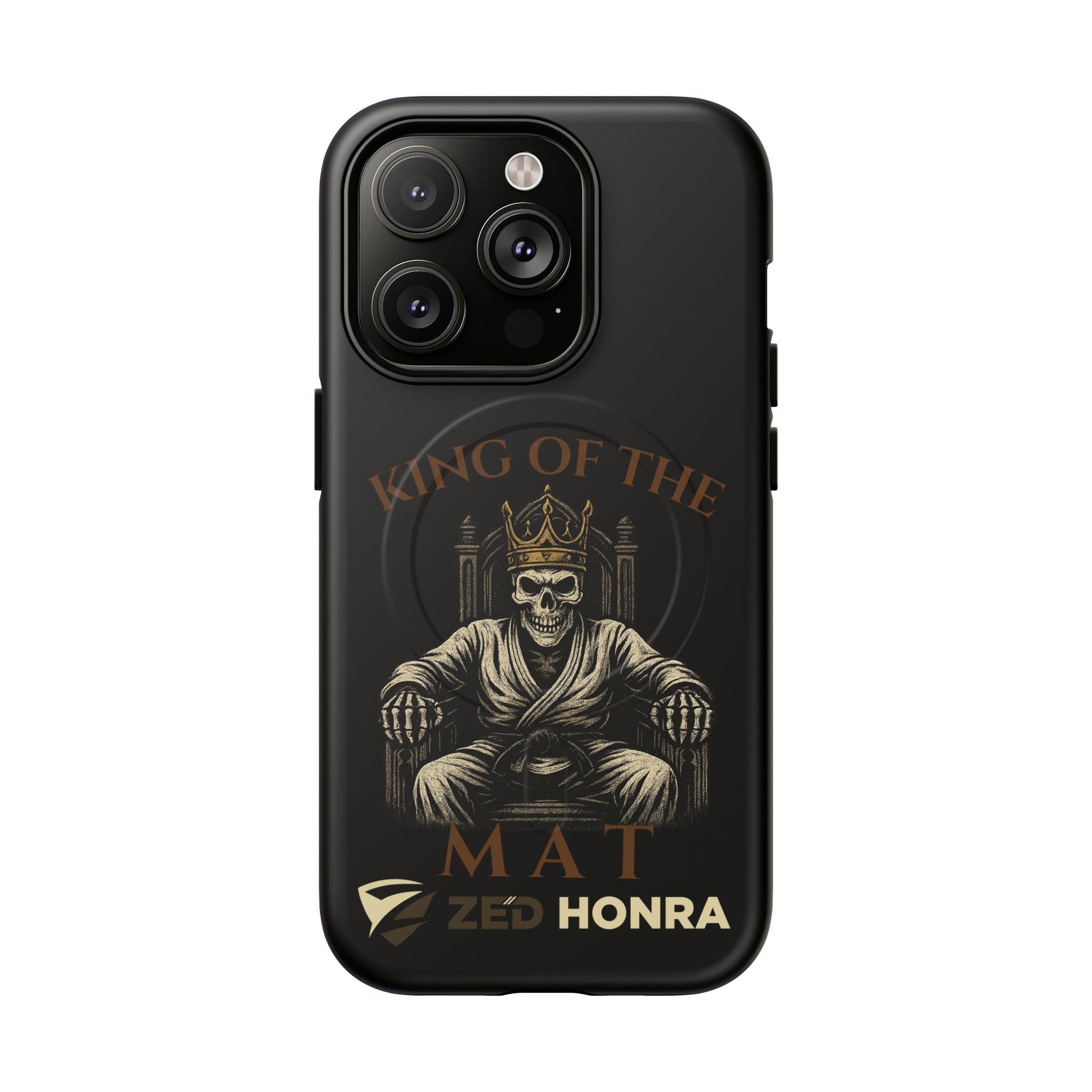 Phone case with a skull in a Zed Honra kimono and crown, text 'King of the Mat' and 'Zed Honra' logo.