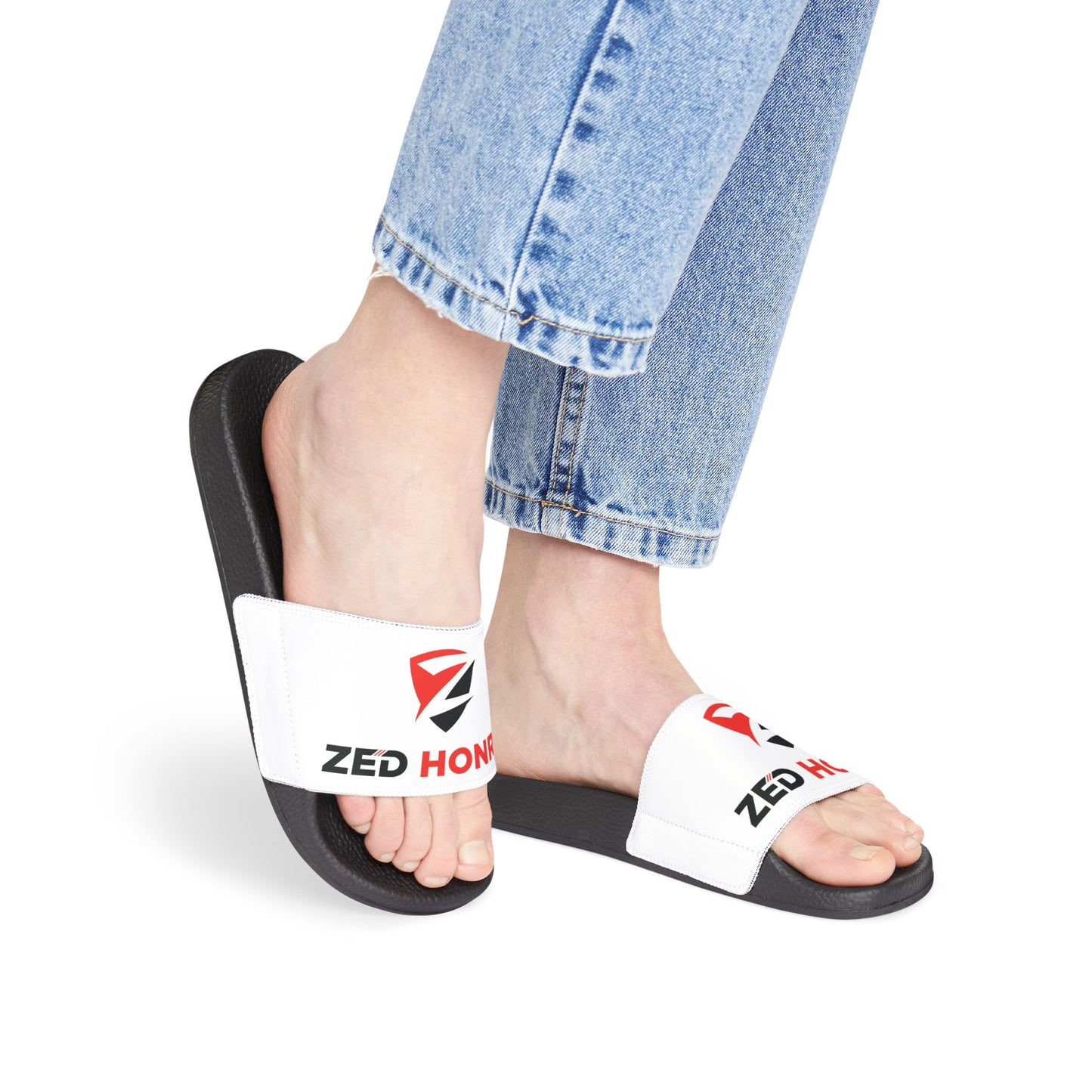 Zed Honra Women’s Sandals in white worn with jeans – front view