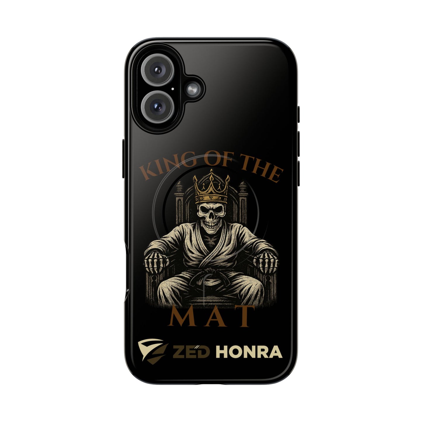 Phone case with a skull in a Zed Honra kimono and crown, text 'King of the Mat' and 'Zed Honra' logo.