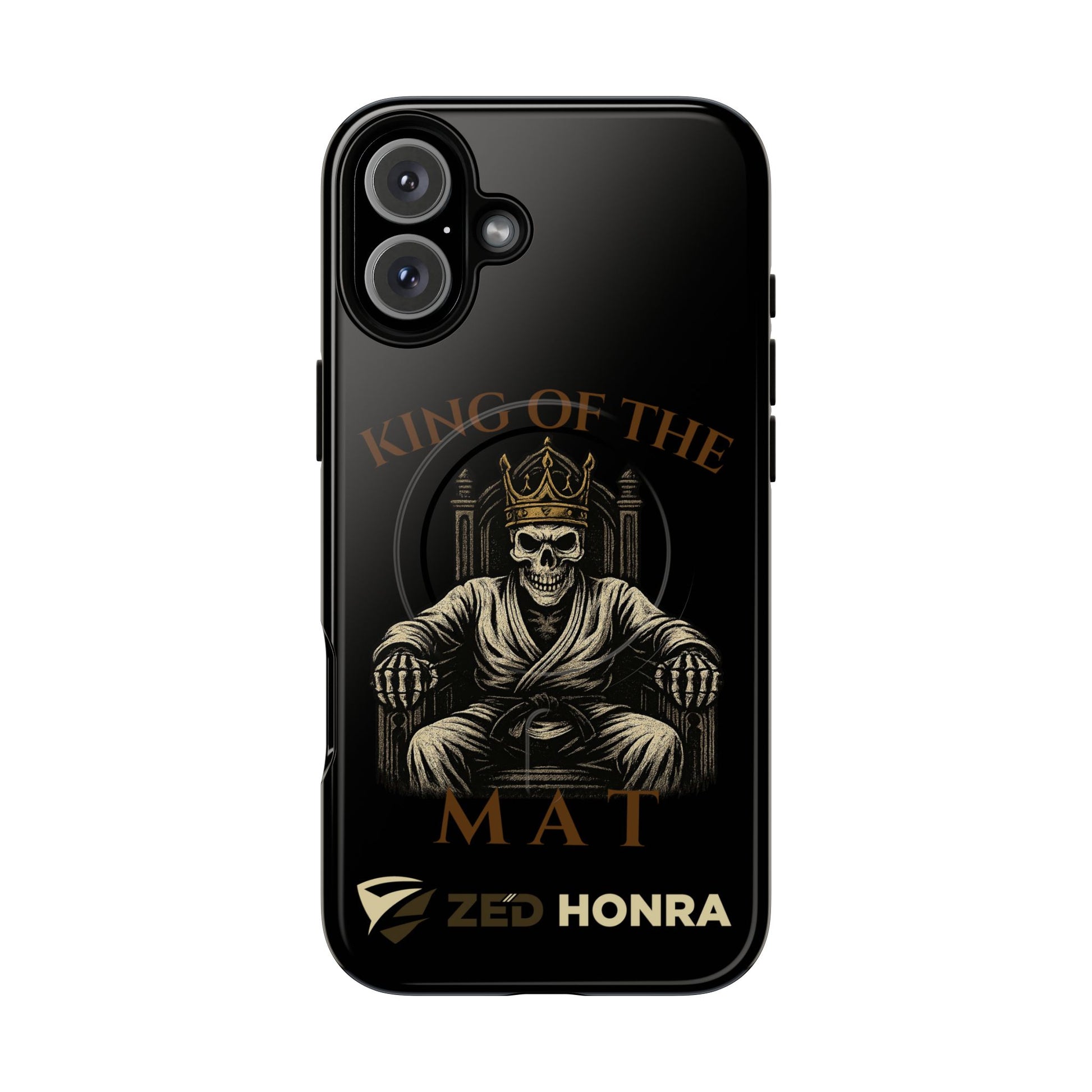 Phone case with a skull in a Zed Honra kimono and crown, text 'King of the Mat' and 'Zed Honra' logo.