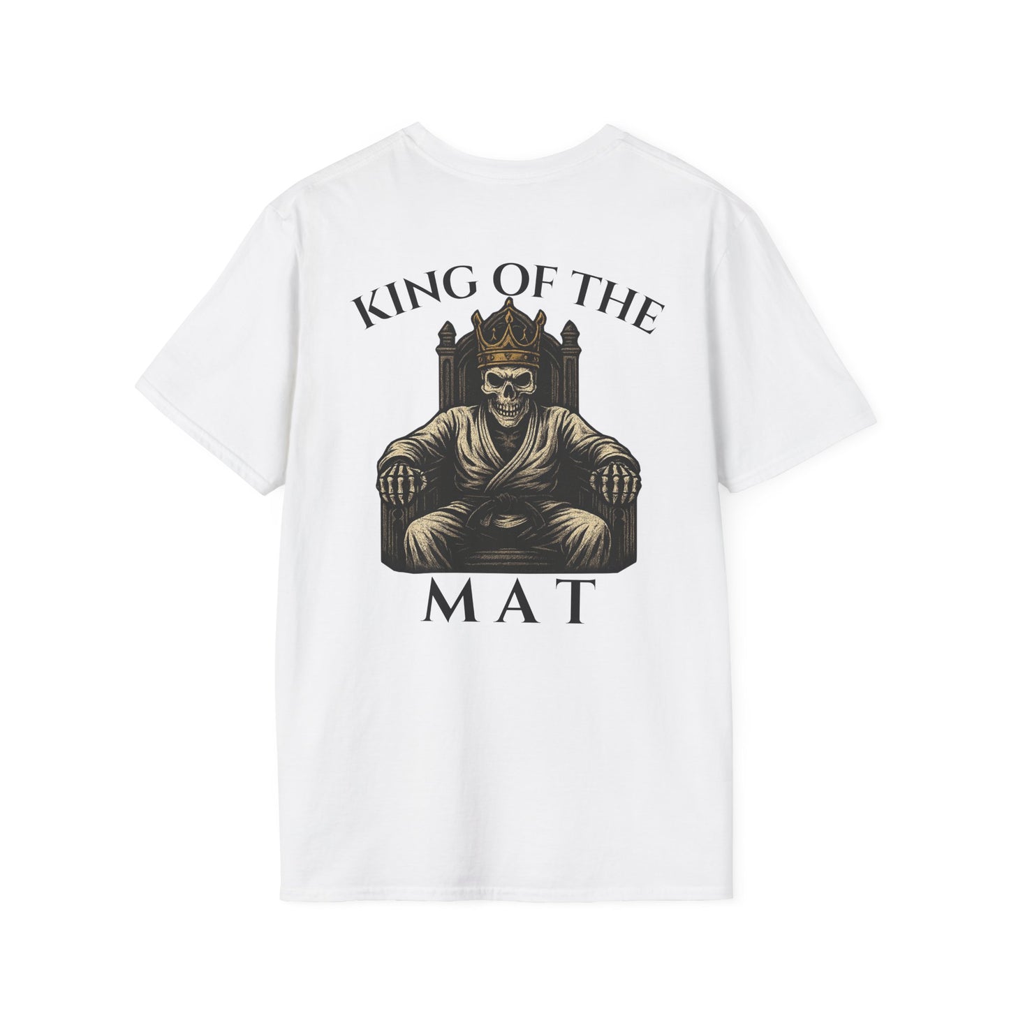 White Zed Honra “King of the Mat” t-shirt featuring a crowned skeleton wearing a gi seated on a throne, printed on the back.