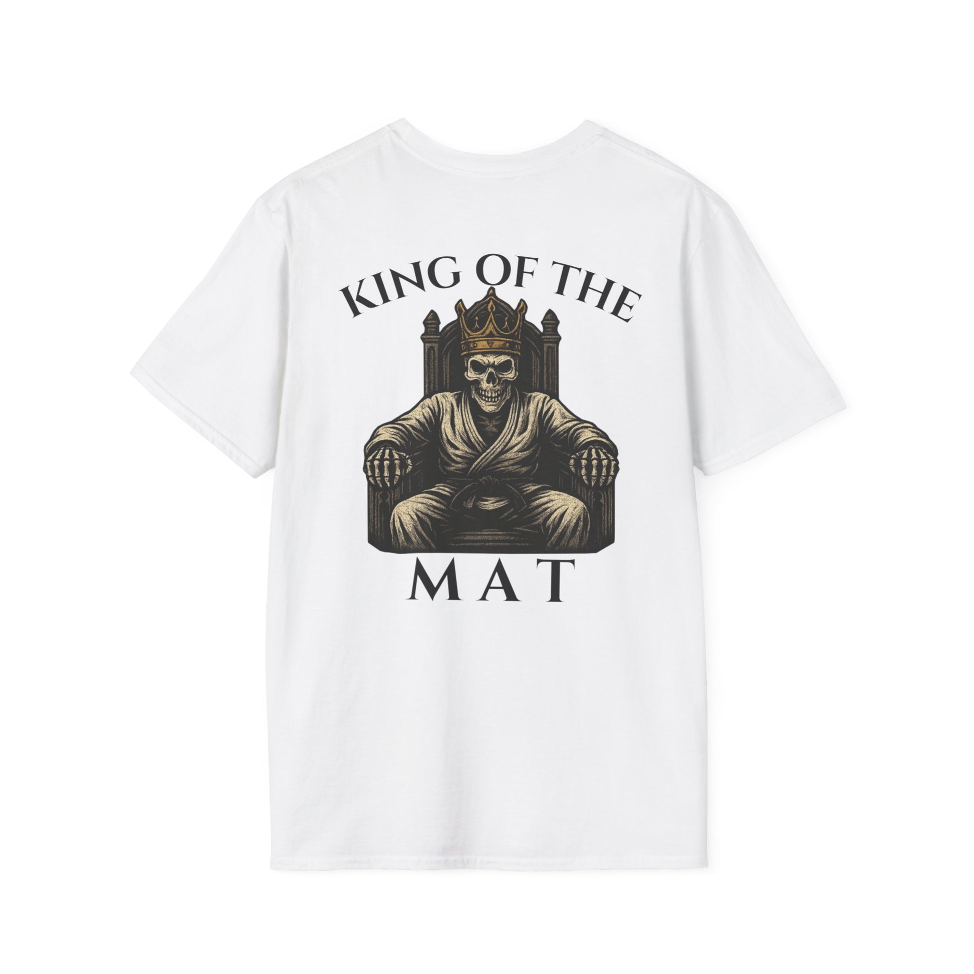 White Zed Honra “King of the Mat” t-shirt featuring a crowned skeleton wearing a gi seated on a throne, printed on the back.