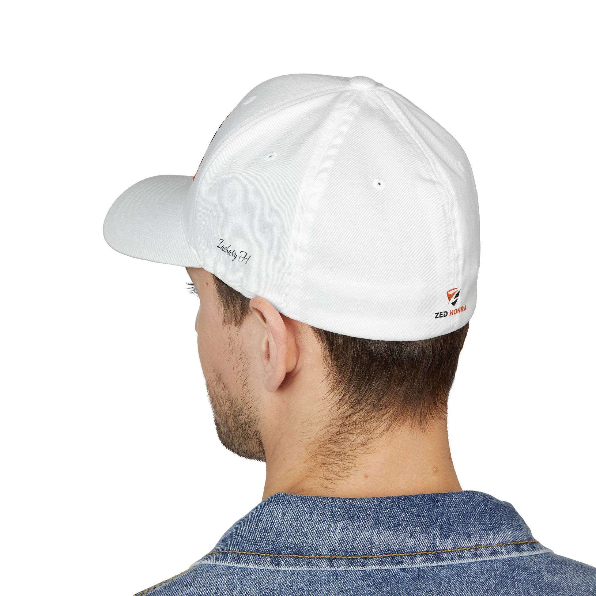White FlexFit Cap – left side profile view on model