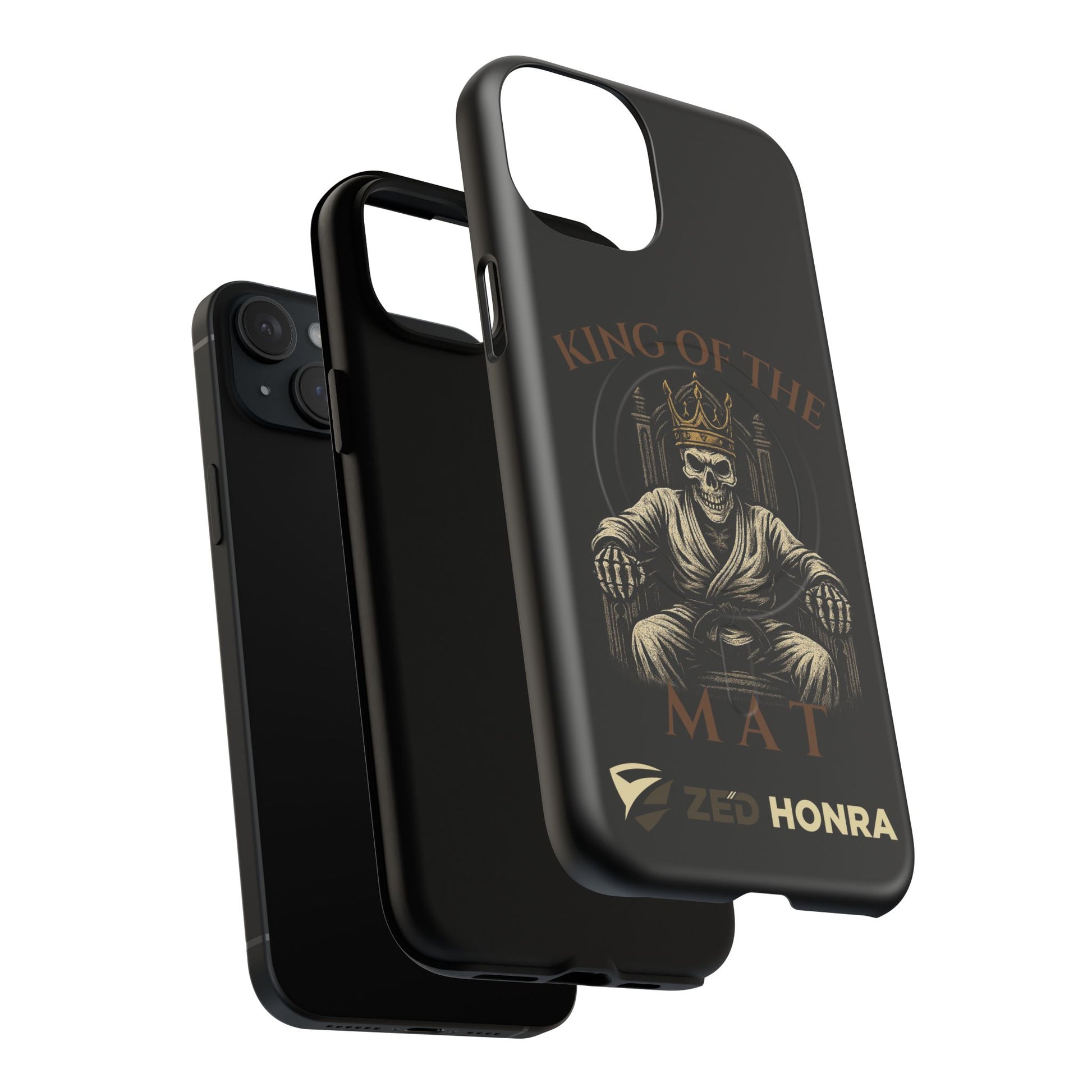 Phone case with a skull in a Zed Honra kimono and crown, text 'King of the Mat' and 'Zed Honra' logo.