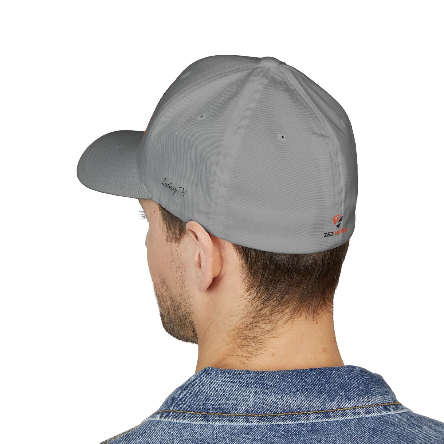 Grey FlexFit Cap – left side profile view on model
