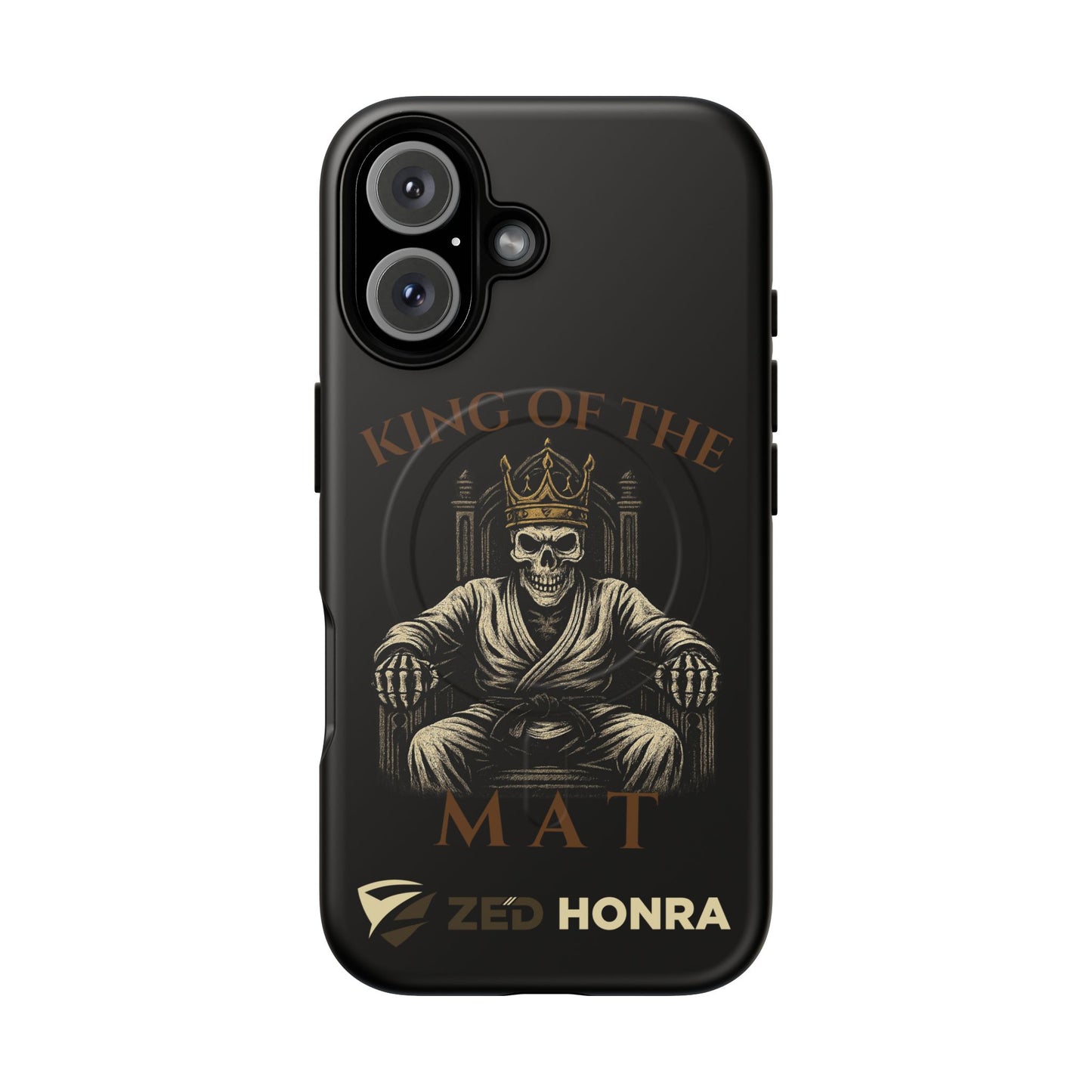 Phone case with a skull in a Zed Honra kimono and crown, text 'King of the Mat' and 'Zed Honra' logo.