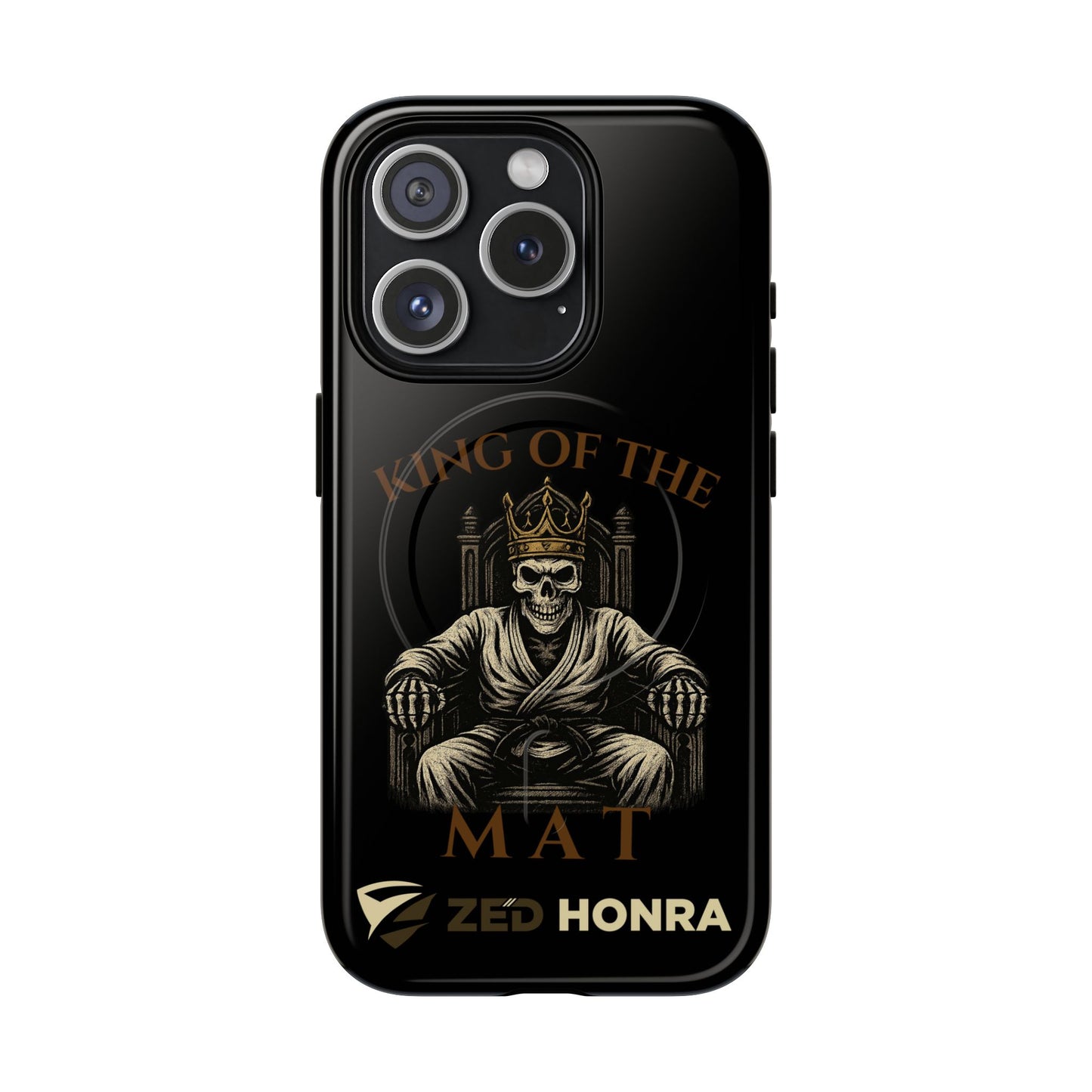 Phone case with a skull in a robe and crown, text 'King of the Mat' and 'Zed Honra' logo.