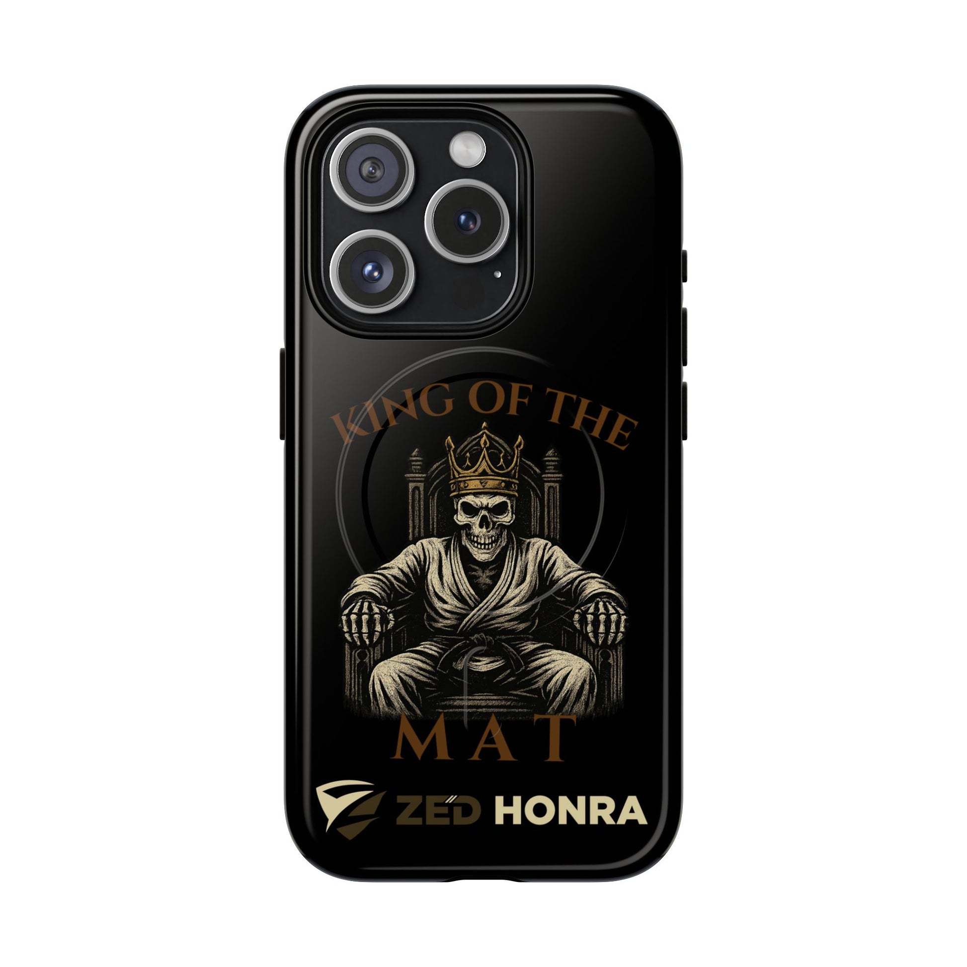 Phone case with a skull in a robe and crown, text 'King of the Mat' and 'Zed Honra' logo.