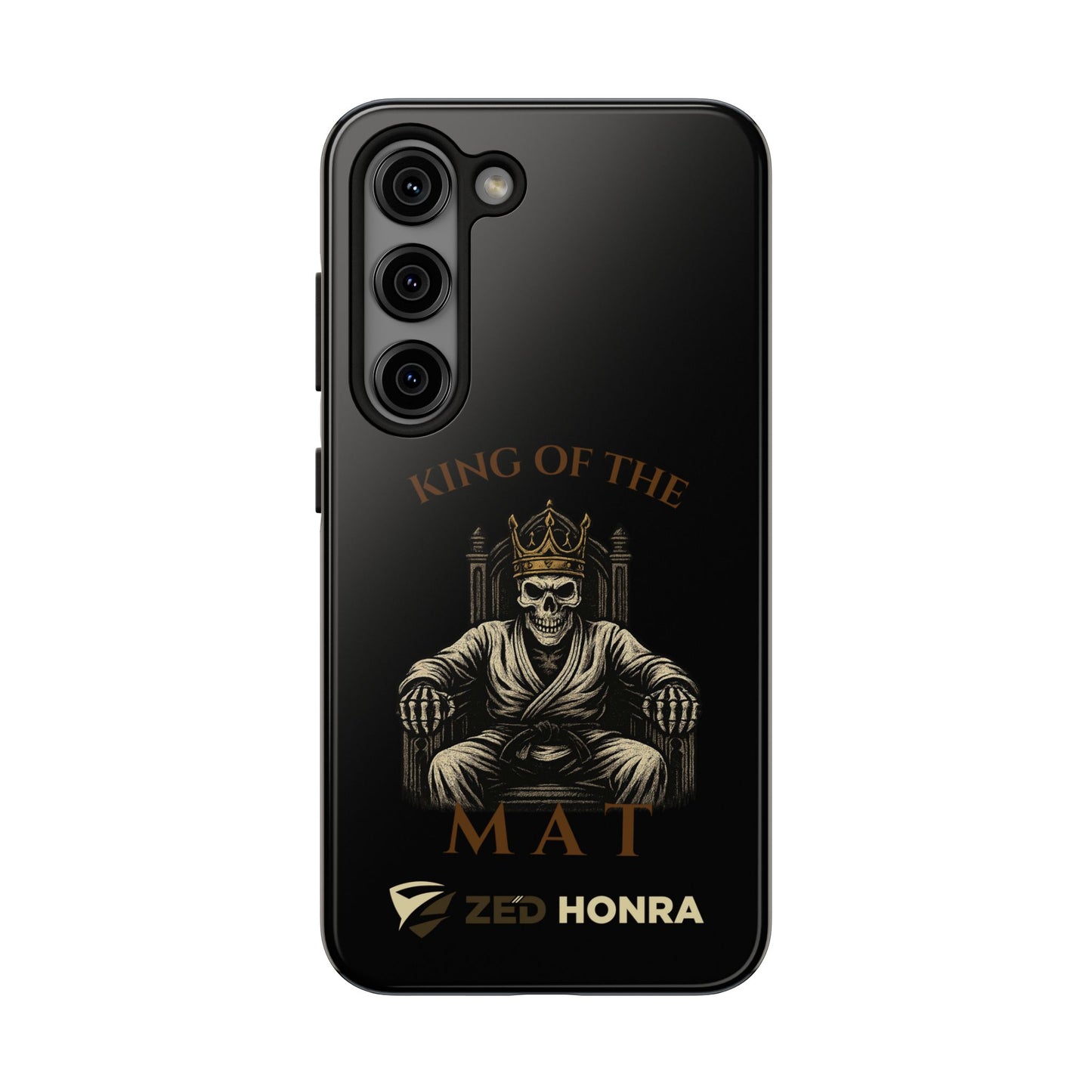 Phone case with a skull in a Zed Honra kimono and crown, text 'King of the Mat' and 'Zed Honra' logo.