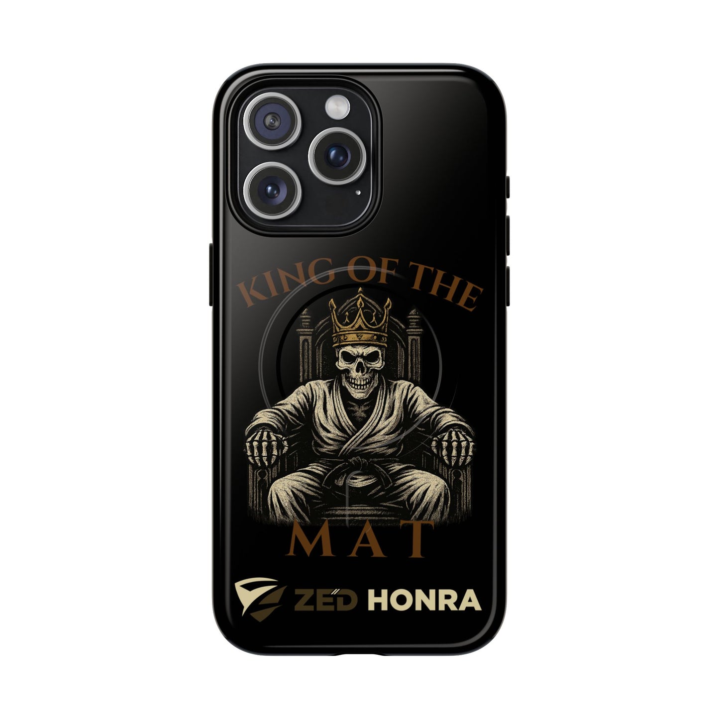 Phone case with a skull in a robe and crown, text 'King of the Mat' and 'Zed Honra' logo.