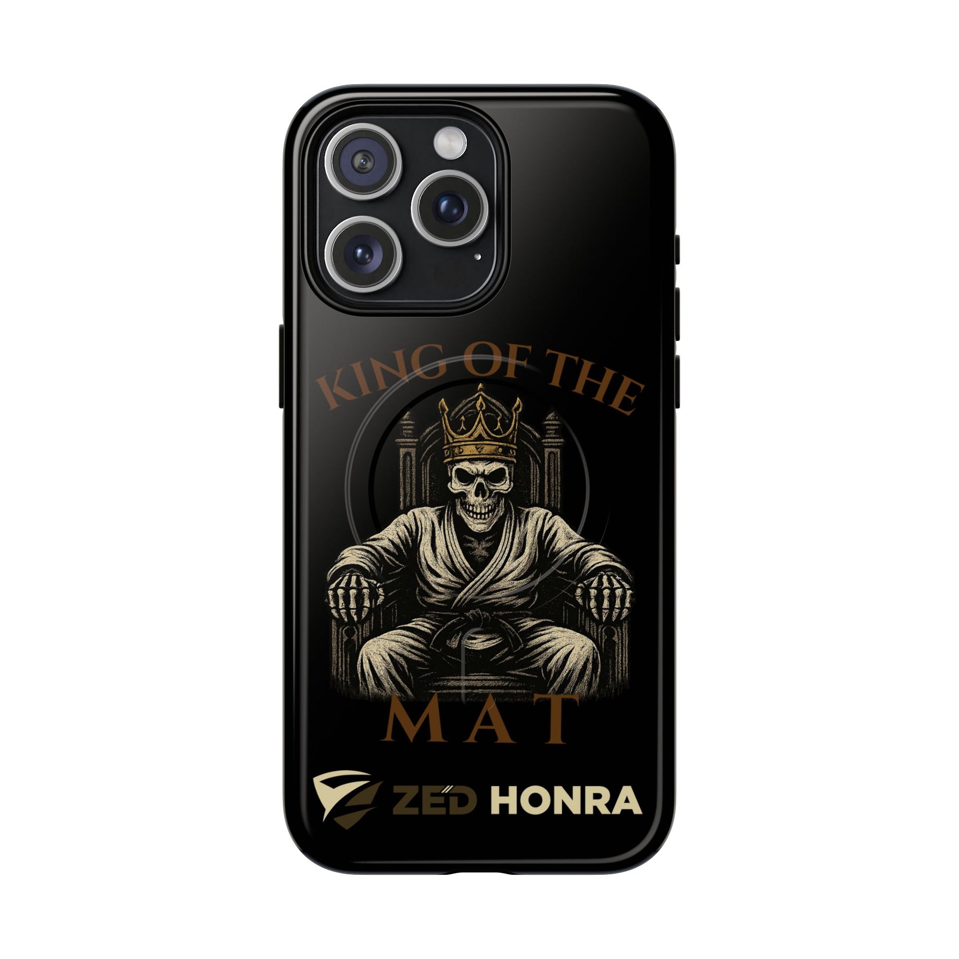 Phone case with a skull in a robe and crown, text 'King of the Mat' and 'Zed Honra' logo.