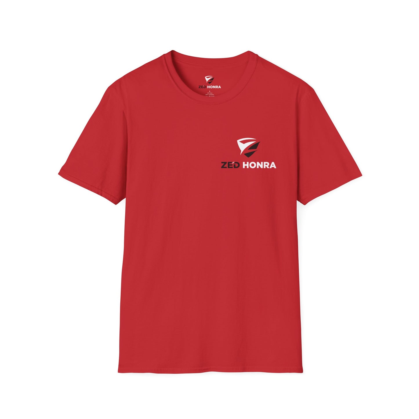Front view of red Zed Honra t-shirt with red and white embroidered logo on the left chest.