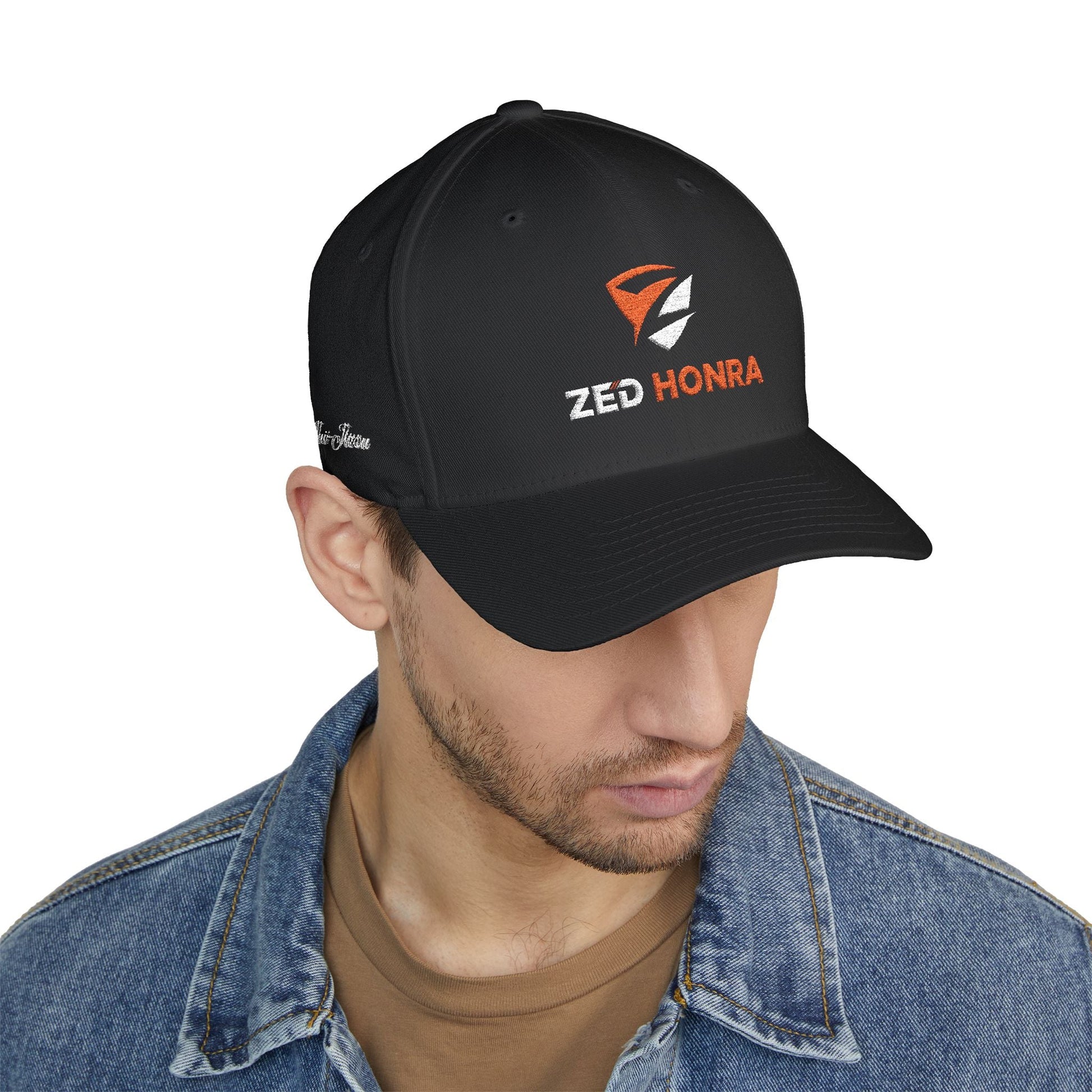 Black FlexFit Cap – side profile view on model