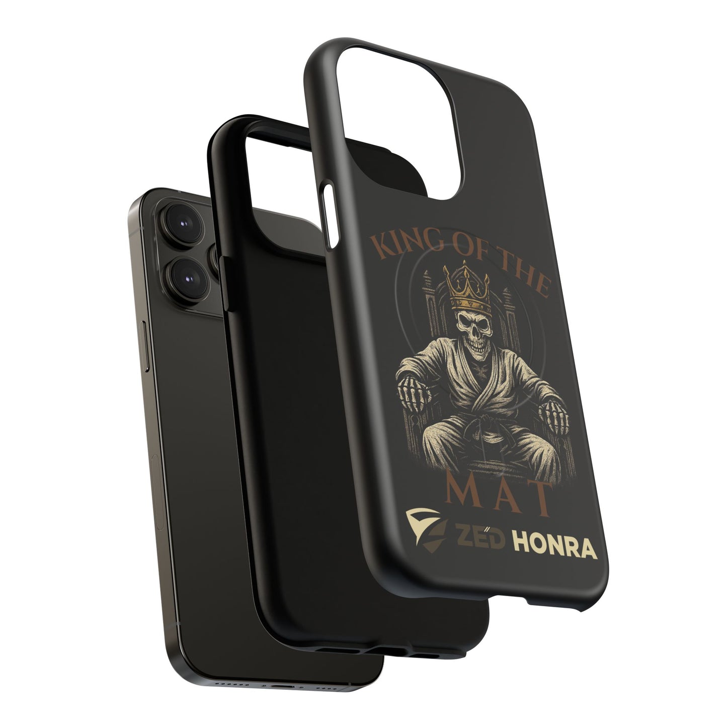 Phone case with a skull in a Zed Honra kimono and crown, text 'King of the Mat' and 'Zed Honra' logo.