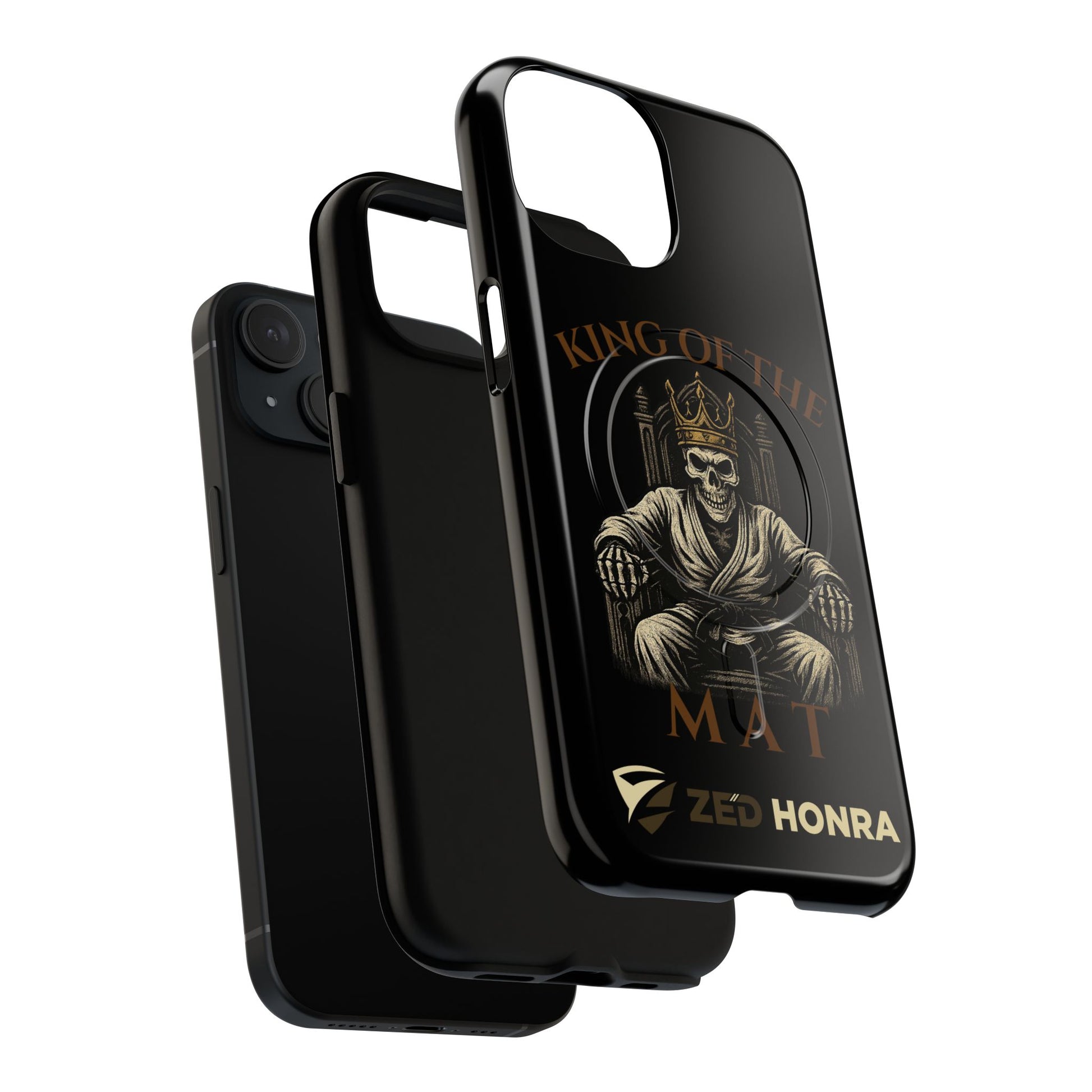 Phone case with a skull in a Zed Honra kimono and crown, text 'King of the Mat' and 'Zed Honra' logo.