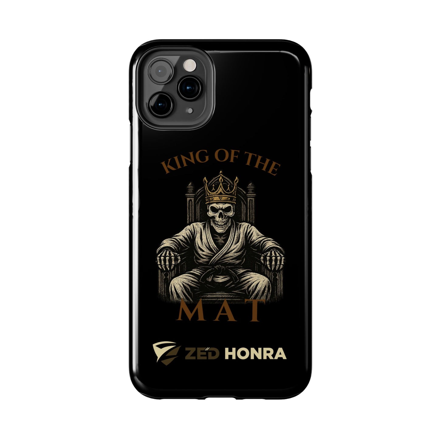 Phone case with a skull in a Zed Honra kimono and crown, text 'King of the Mat' and 'Zed Honra' logo.