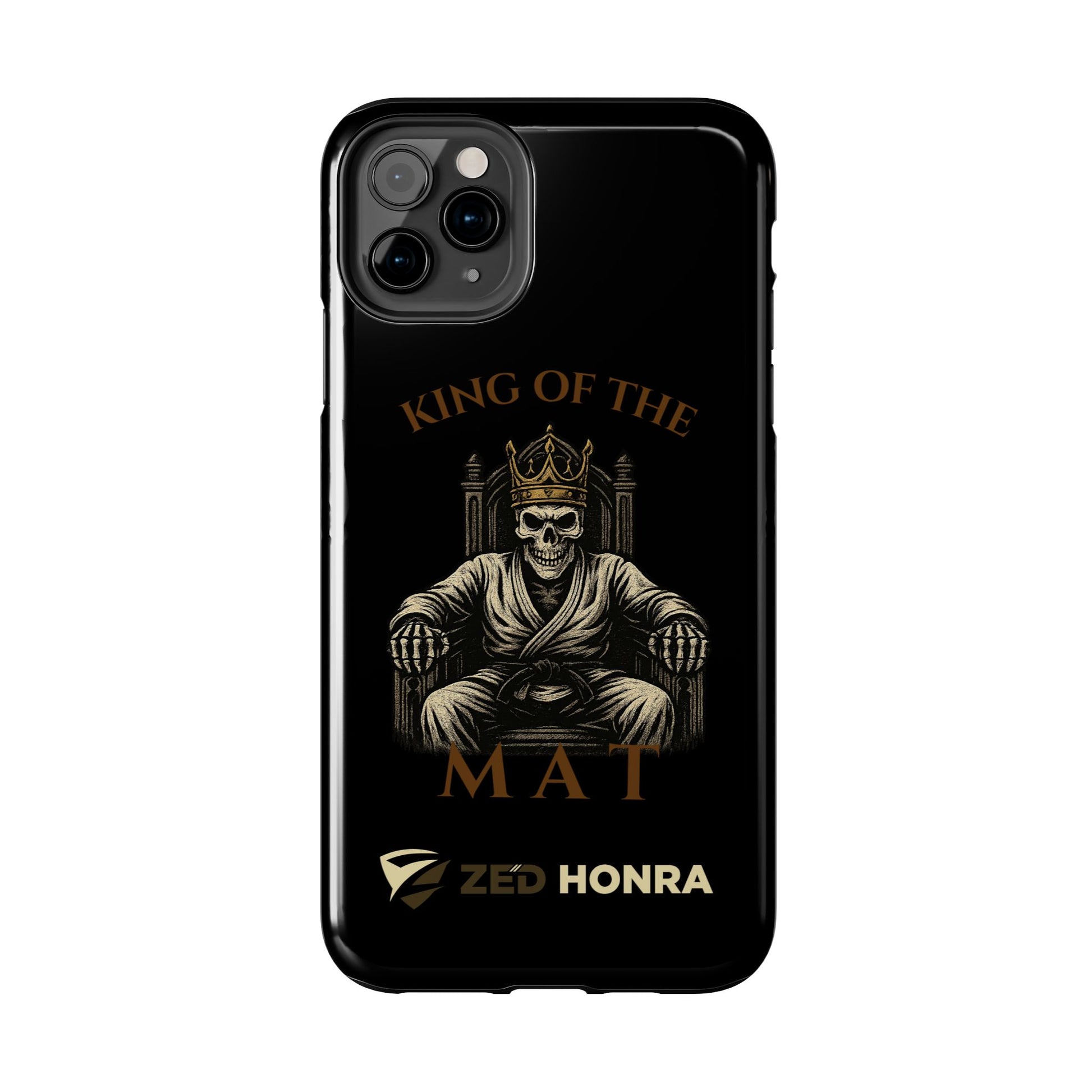 Phone case with a skull in a Zed Honra kimono and crown, text 'King of the Mat' and 'Zed Honra' logo.