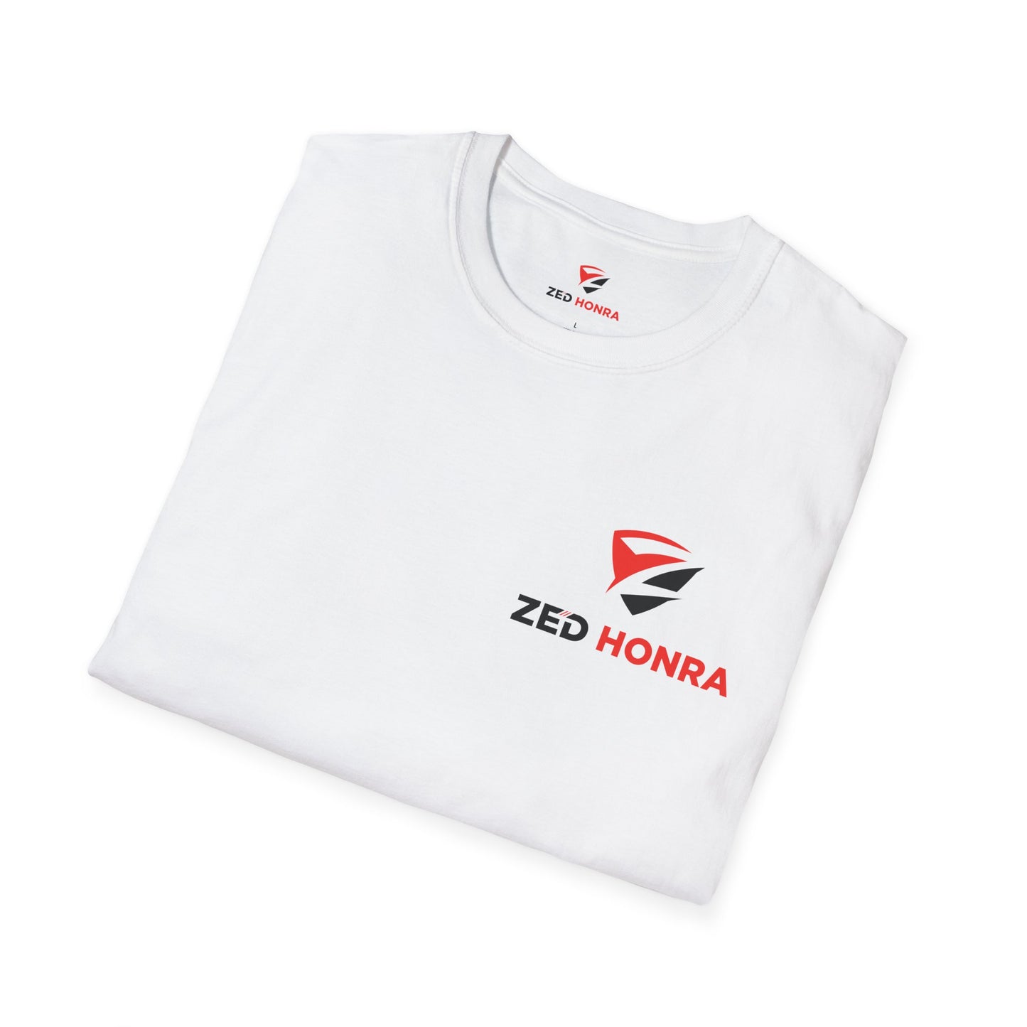 White t-shirt with ZED HONRA logo on a white background