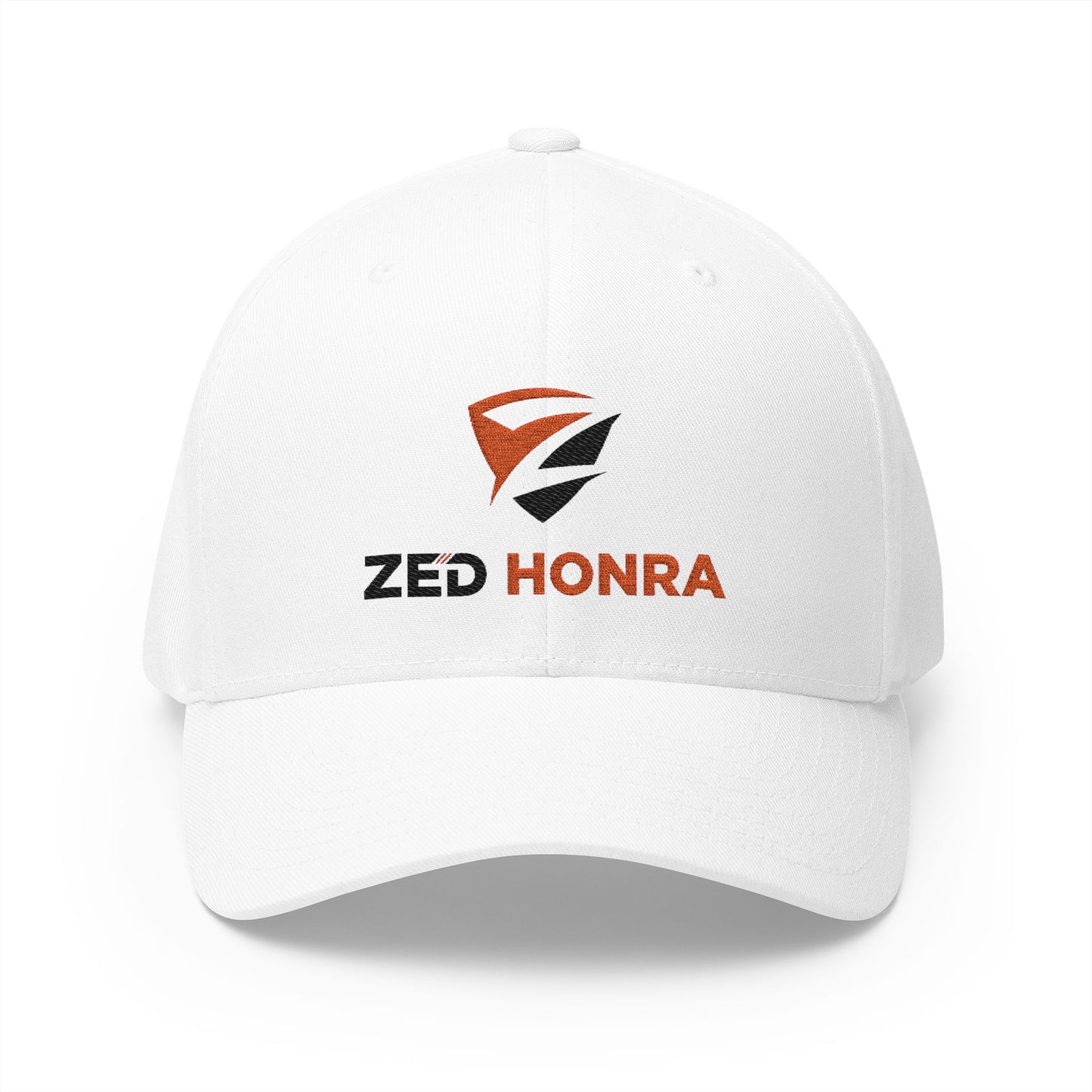 White FlexFit Cap with Zed Honra embroidered logo – front view