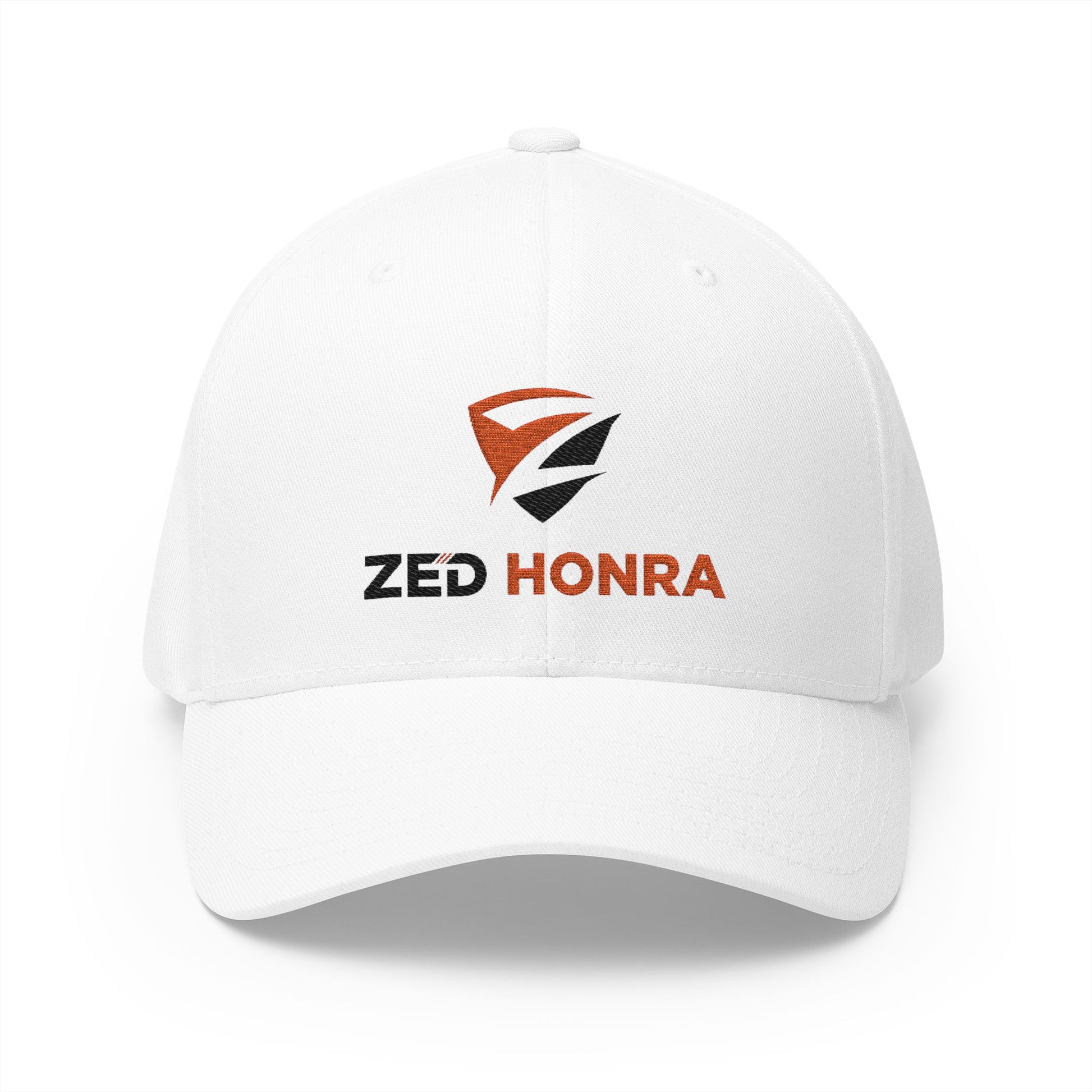 White FlexFit Cap with Zed Honra embroidered logo – front view