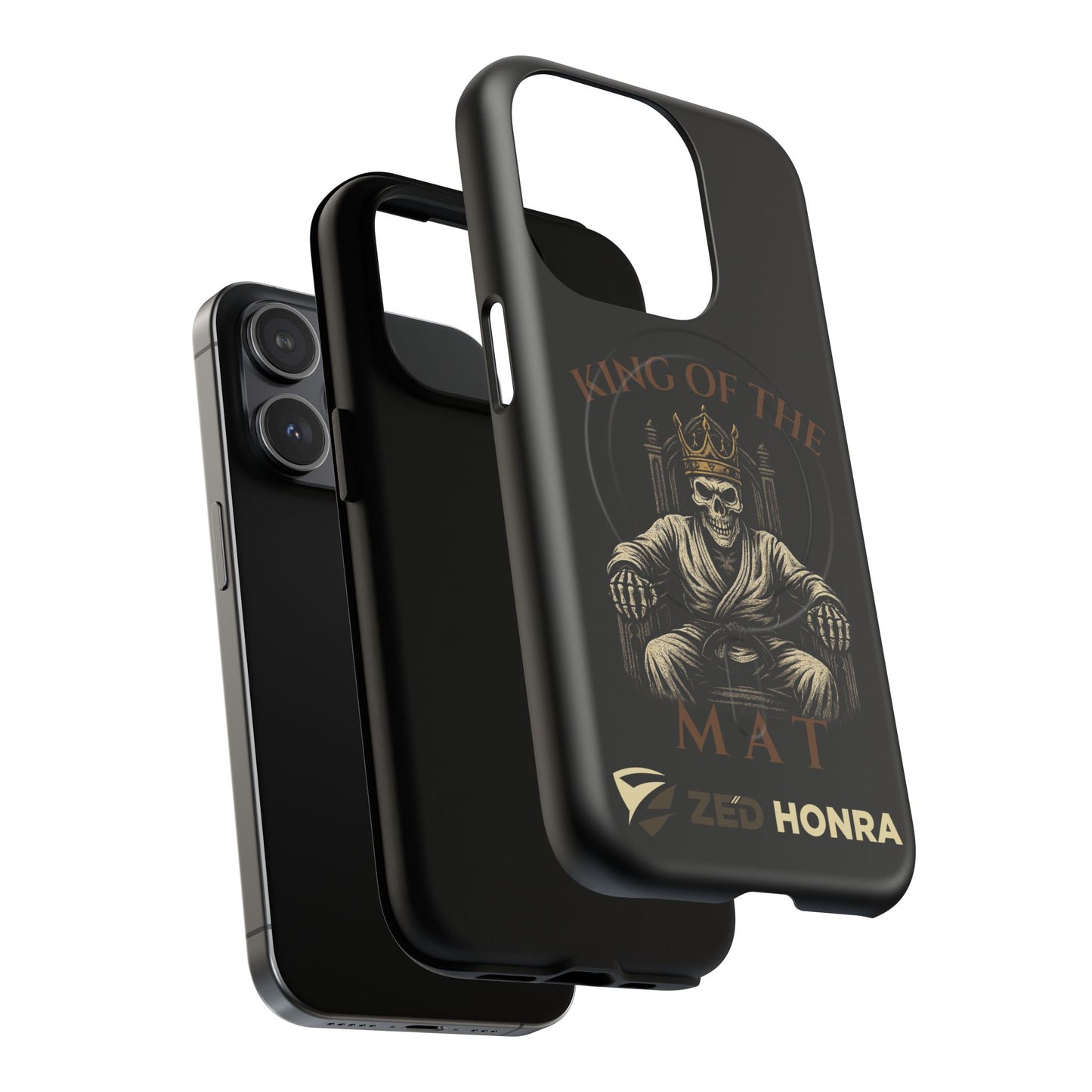 Phone case with a skull in a Zed Honra kimono and crown, text 'King of the Mat' and 'Zed Honra' logo.