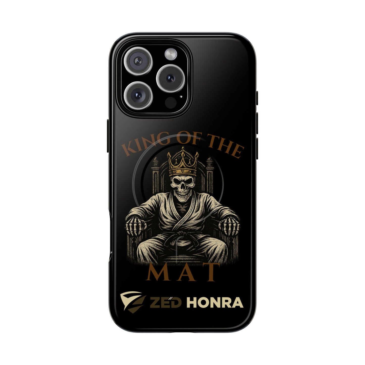 Phone case with a skull in a Zed Honra kimono and crown, text 'King of the Mat' and 'Zed Honra' logo.