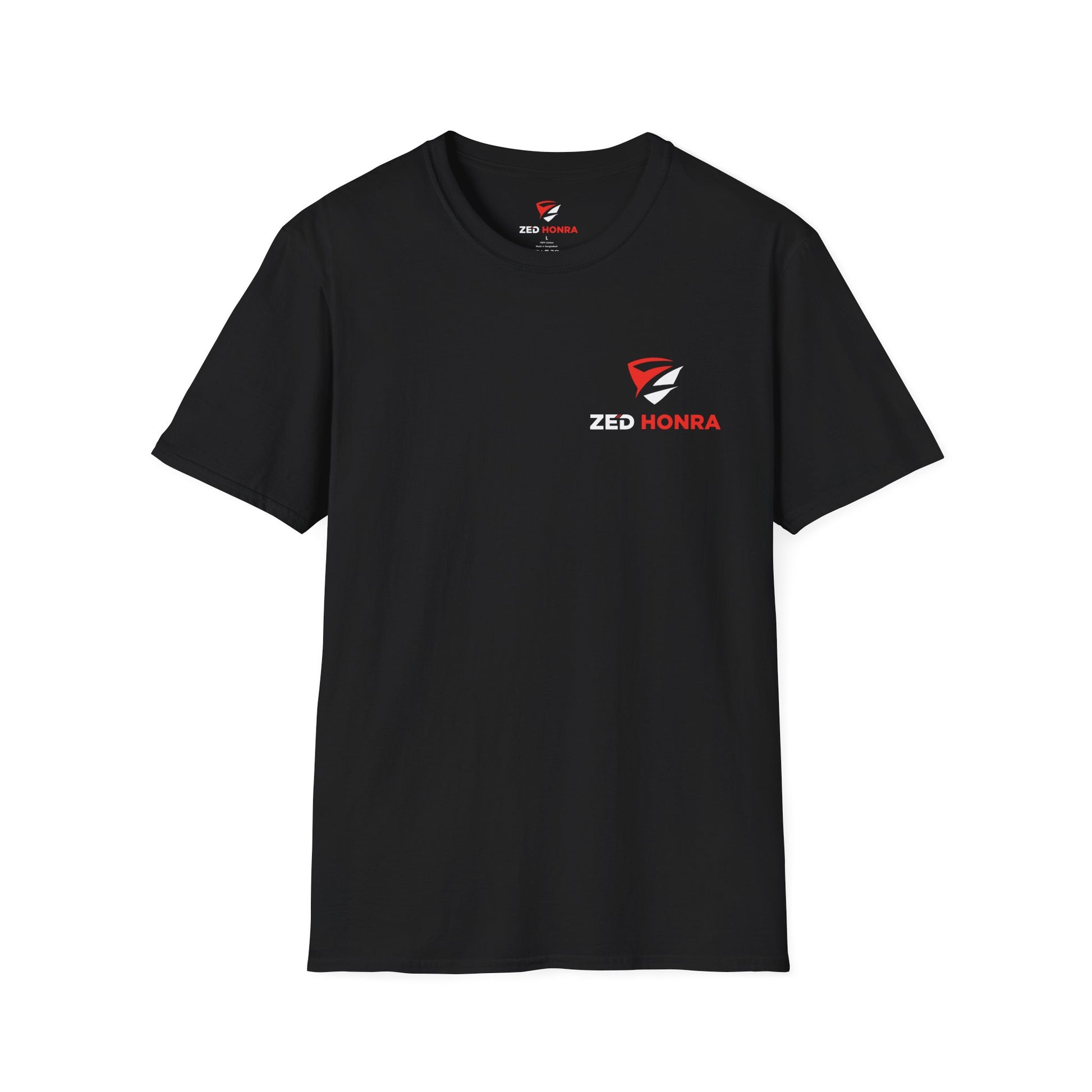 Front view of black Zed Honra t-shirt with red and white embroidered logo on the left chest.
