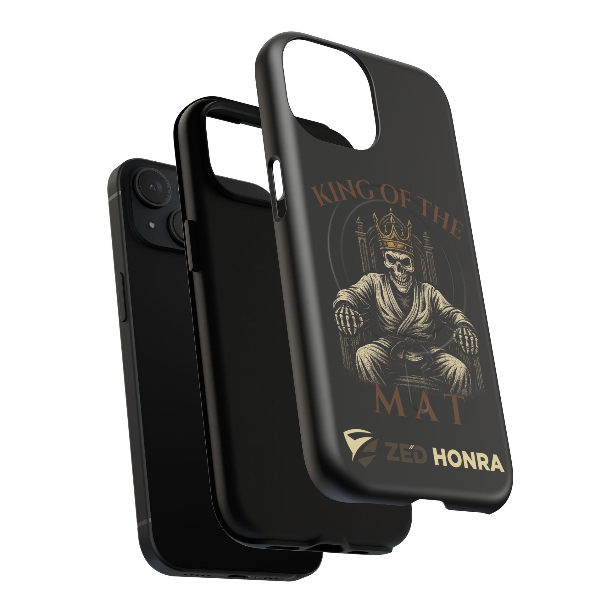 Phone case with a skull in a Zed Honra kimono and crown, text 'King of the Mat' and 'Zed Honra' logo.