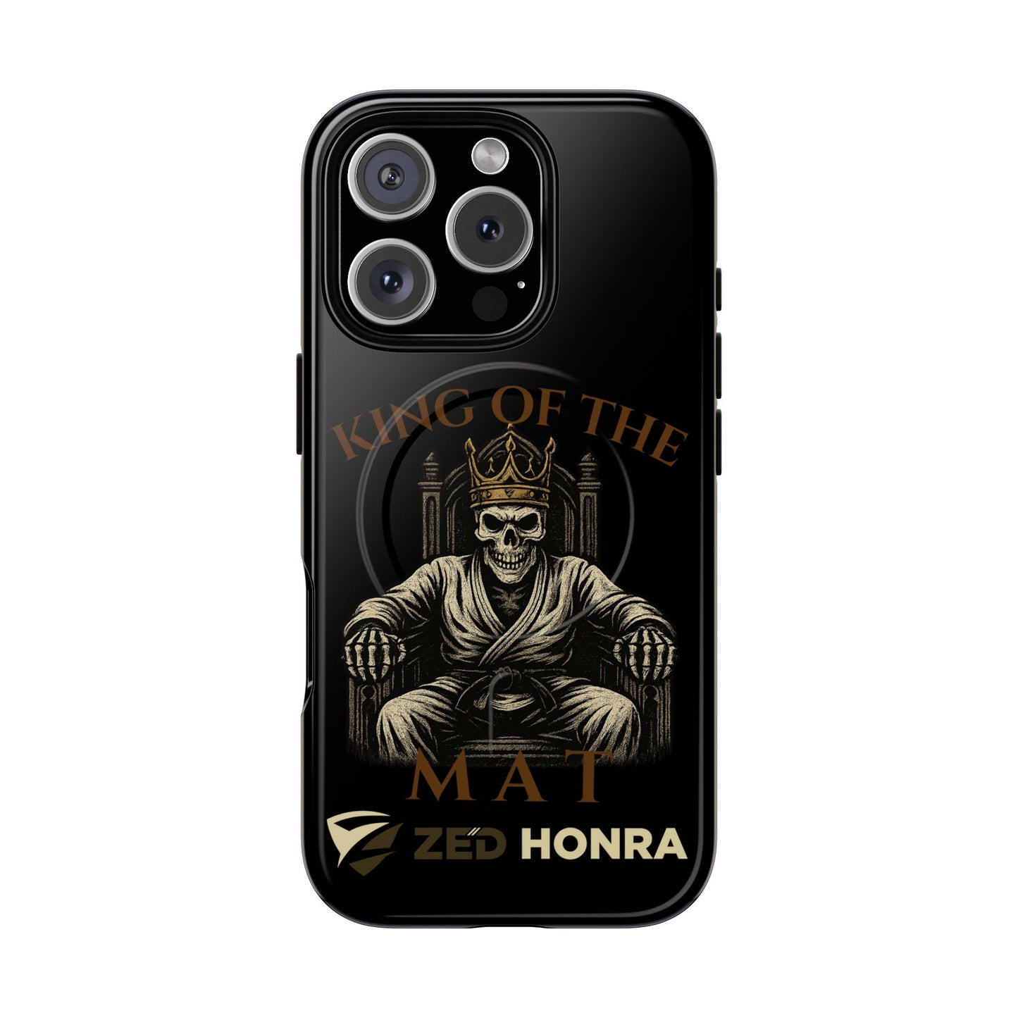 Phone case with a skull in a Zed Honra kimono and crown, text 'King of the Mat' and 'Zed Honra' logo.