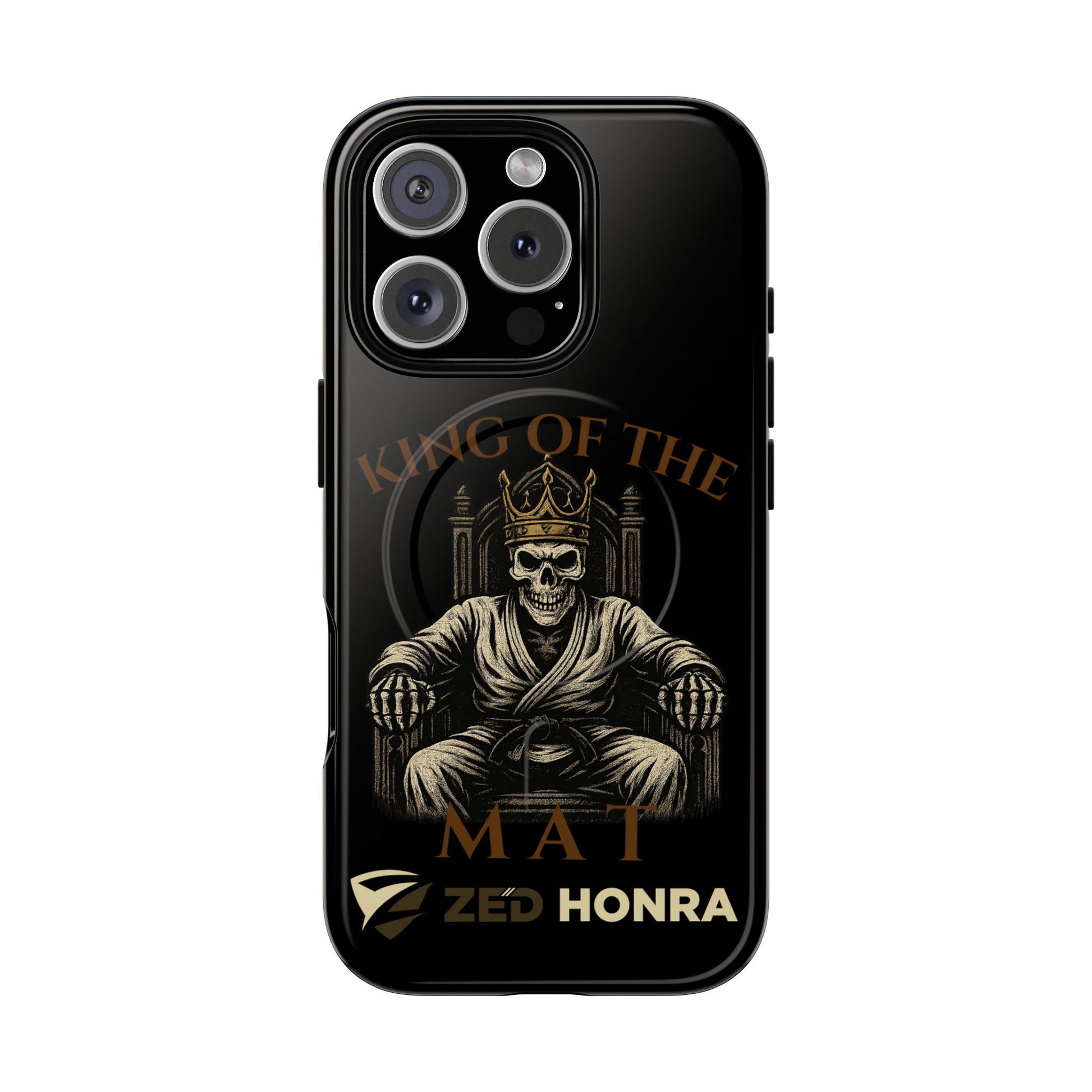 Phone case with a skull in a Zed Honra kimono and crown, text 'King of the Mat' and 'Zed Honra' logo.