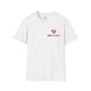 Front view of white Zed Honra t-shirt with red and white embroidered logo on the left chest.