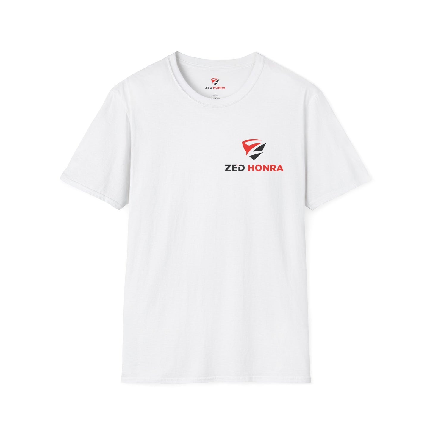 Front view of white Zed Honra t-shirt with red and white embroidered logo on the left chest.