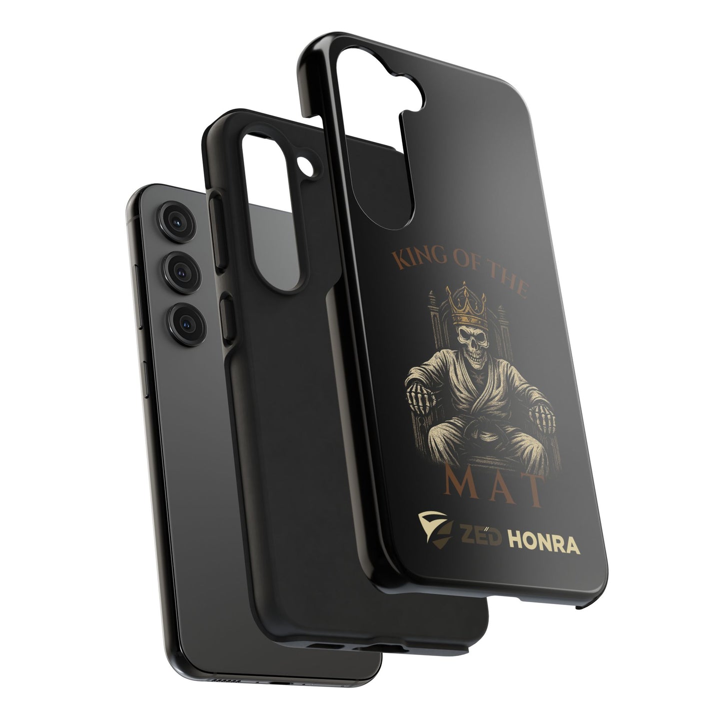 Phone case with a skull in a Zed Honra kimono and crown, text 'King of the Mat' and 'Zed Honra' logo.