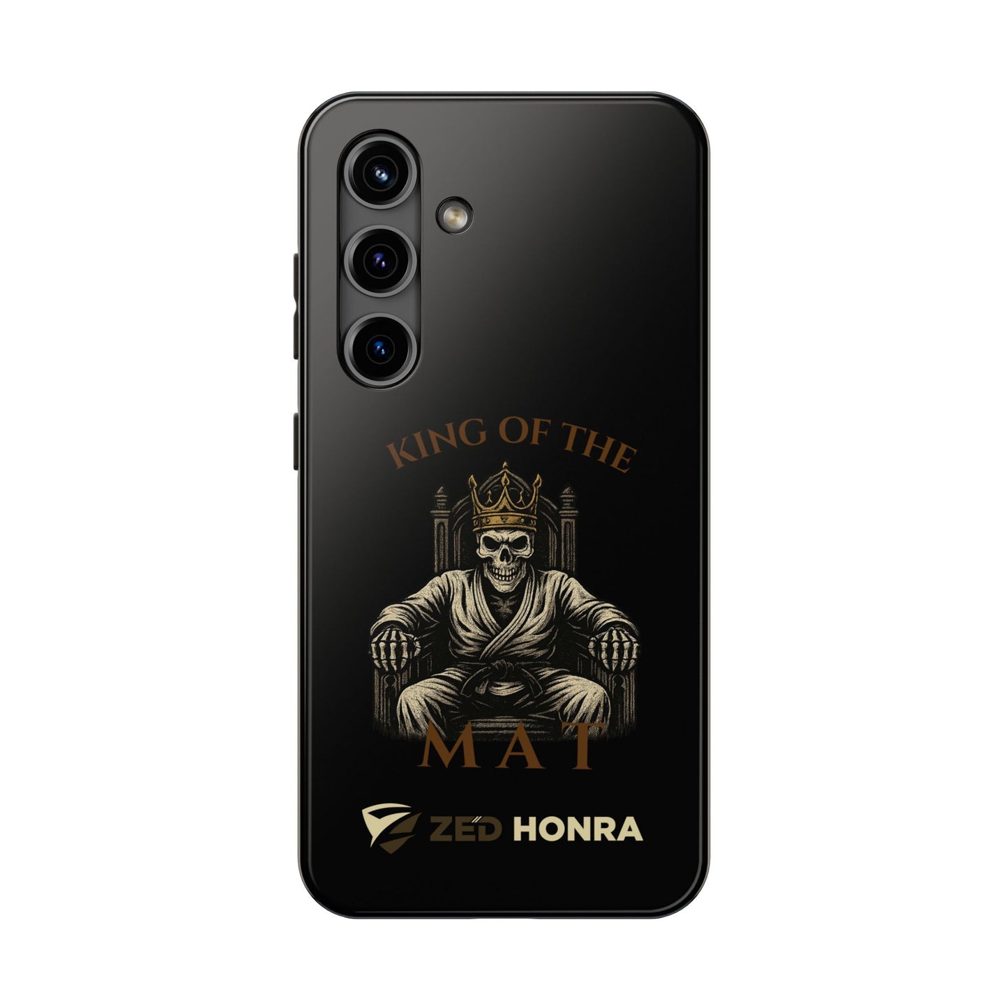 Phone case with a skull in a Zed Honra kimono and crown, text 'King of the Mat' and 'Zed Honra' logo.