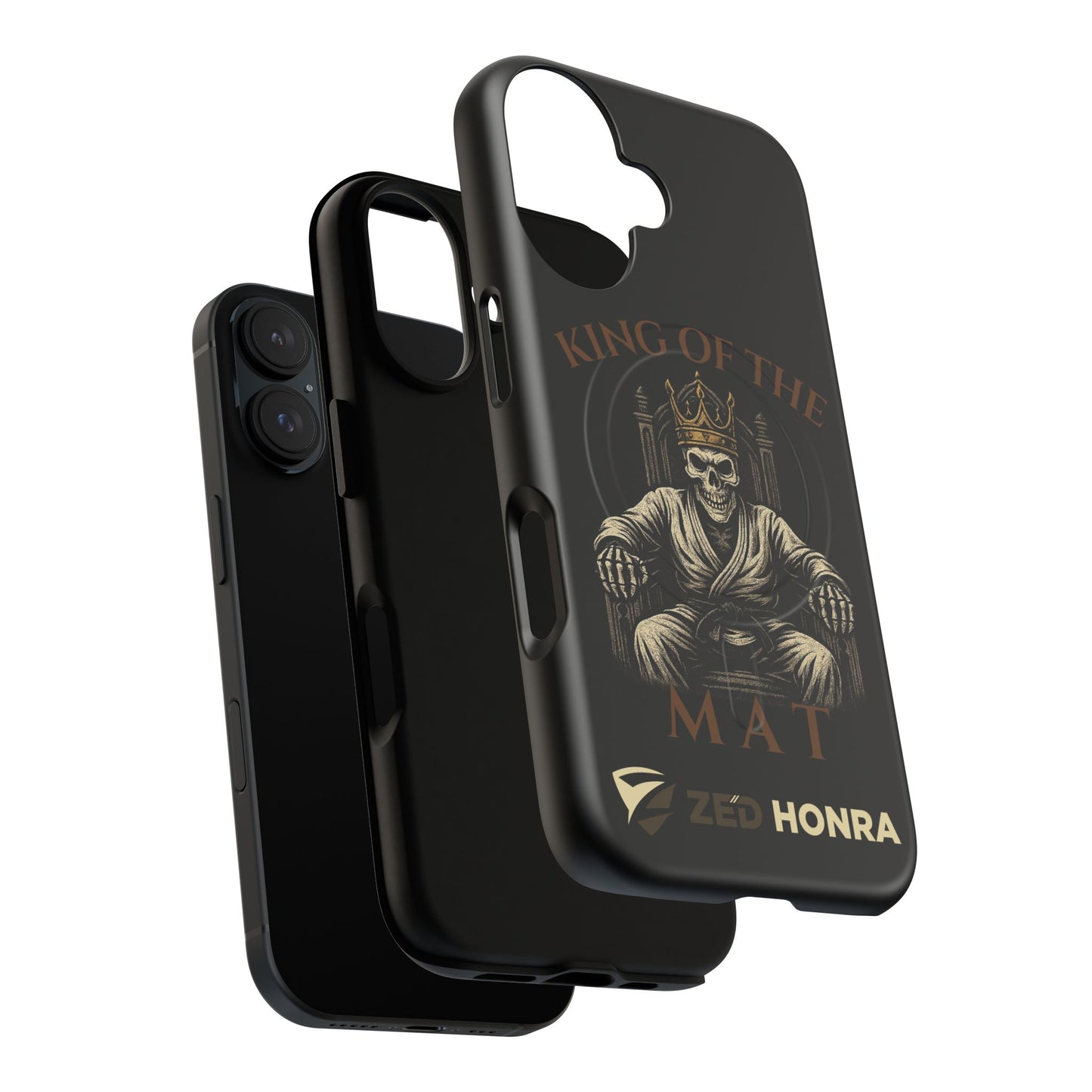 Phone case with a skull in a Zed Honra kimono and crown, text 'King of the Mat' and 'Zed Honra' logo.