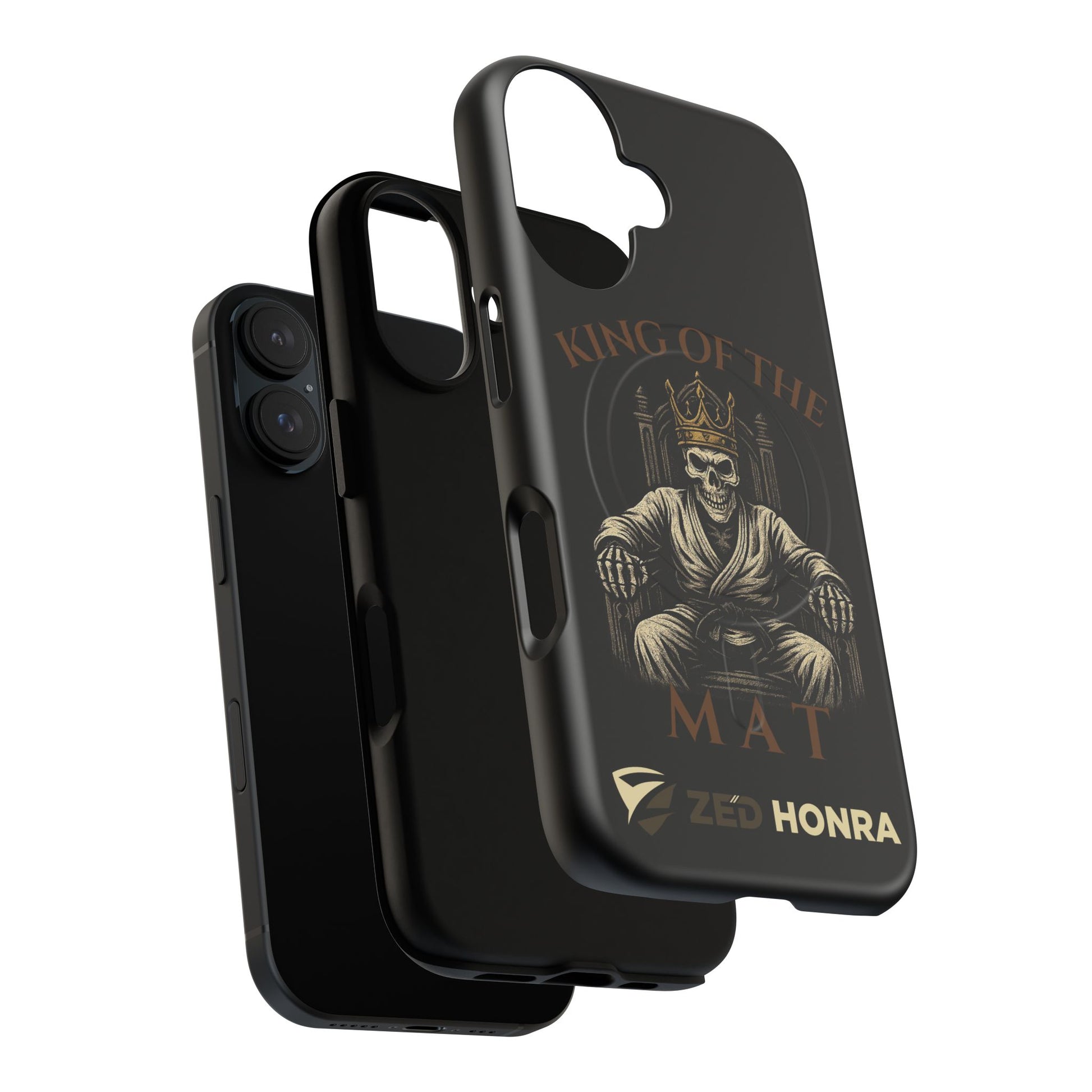 Phone case with a skull in a Zed Honra kimono and crown, text 'King of the Mat' and 'Zed Honra' logo.