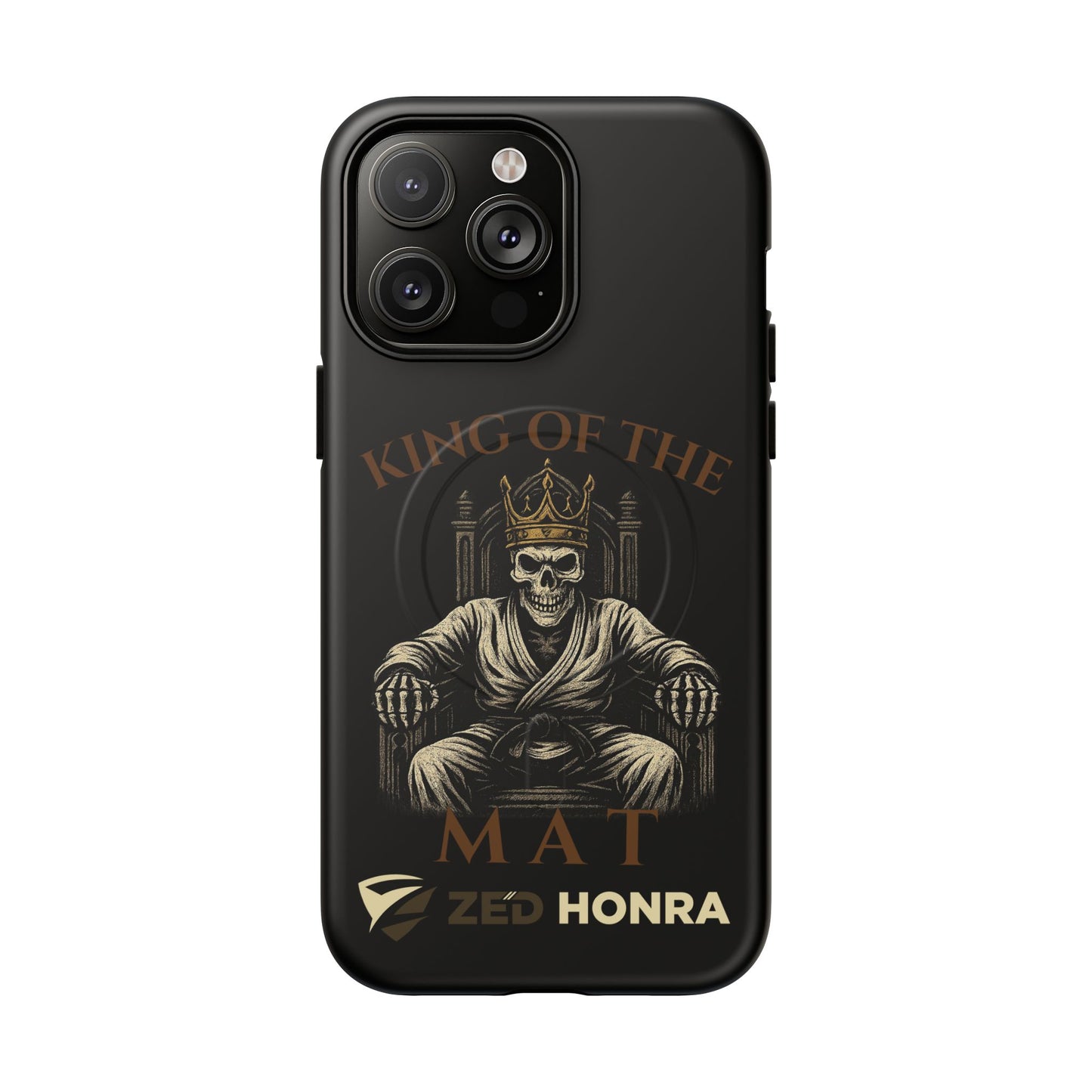 Phone case with a skull in a Zed Honra kimono and crown, text 'King of the Mat' and 'Zed Honra' logo.