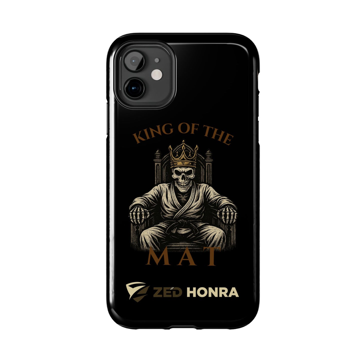 Phone case with a skull in a Zed Honra kimono and crown, text 'King of the Mat' and 'Zed Honra' logo.