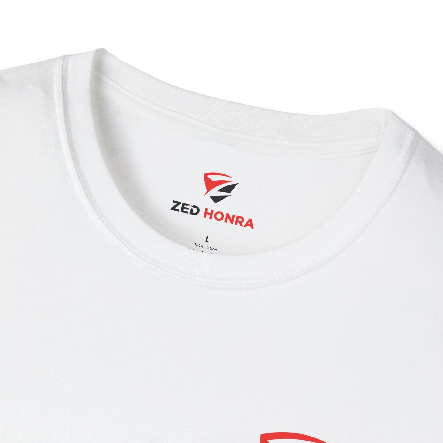 White t-shirt with ZED HONRA logo on a white background
