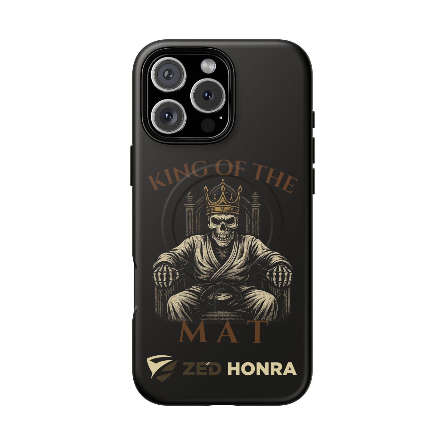Phone case with a skull in a Zed Honra kimono and crown, text 'King of the Mat' and 'Zed Honra' logo.