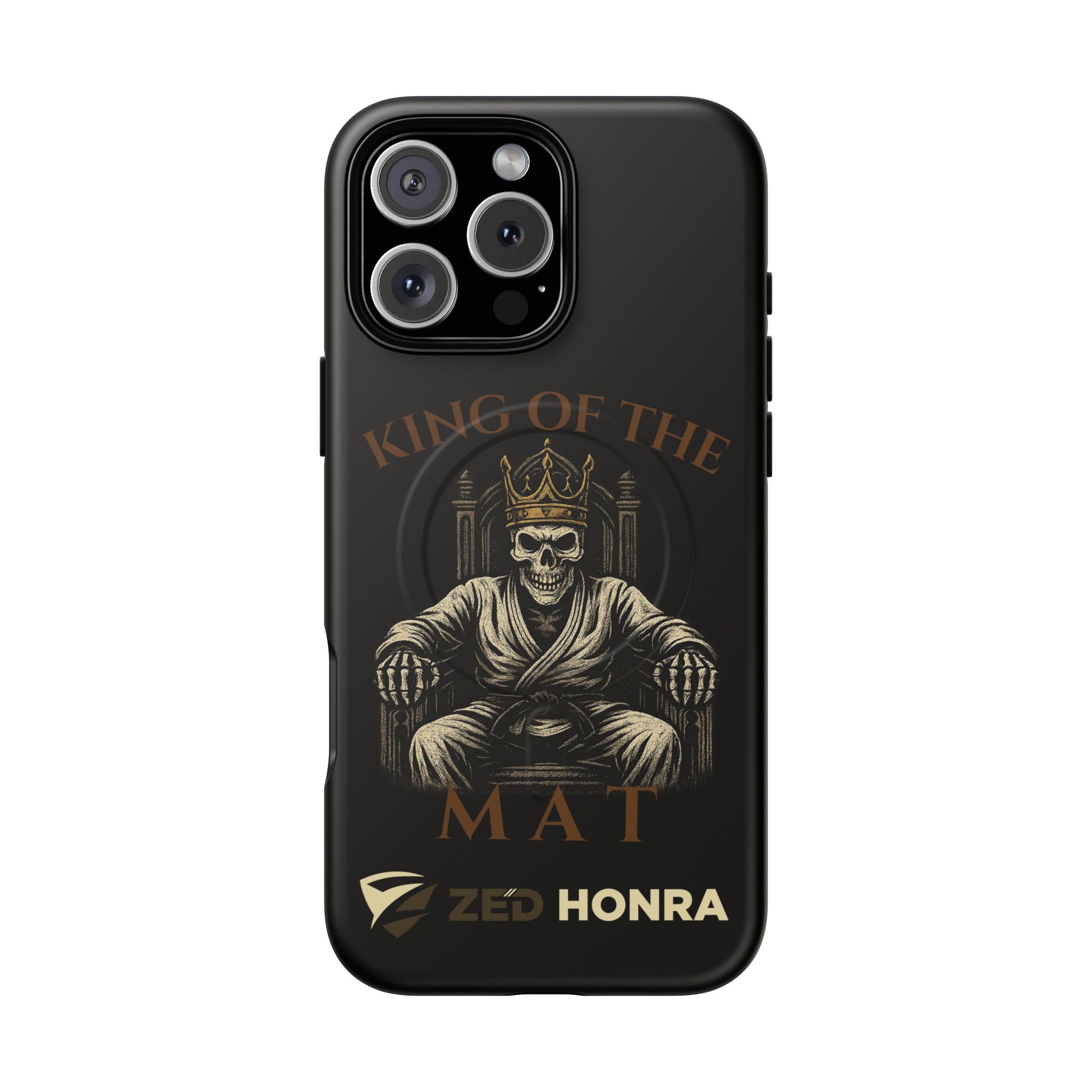 Phone case with a skull in a Zed Honra kimono and crown, text 'King of the Mat' and 'Zed Honra' logo.