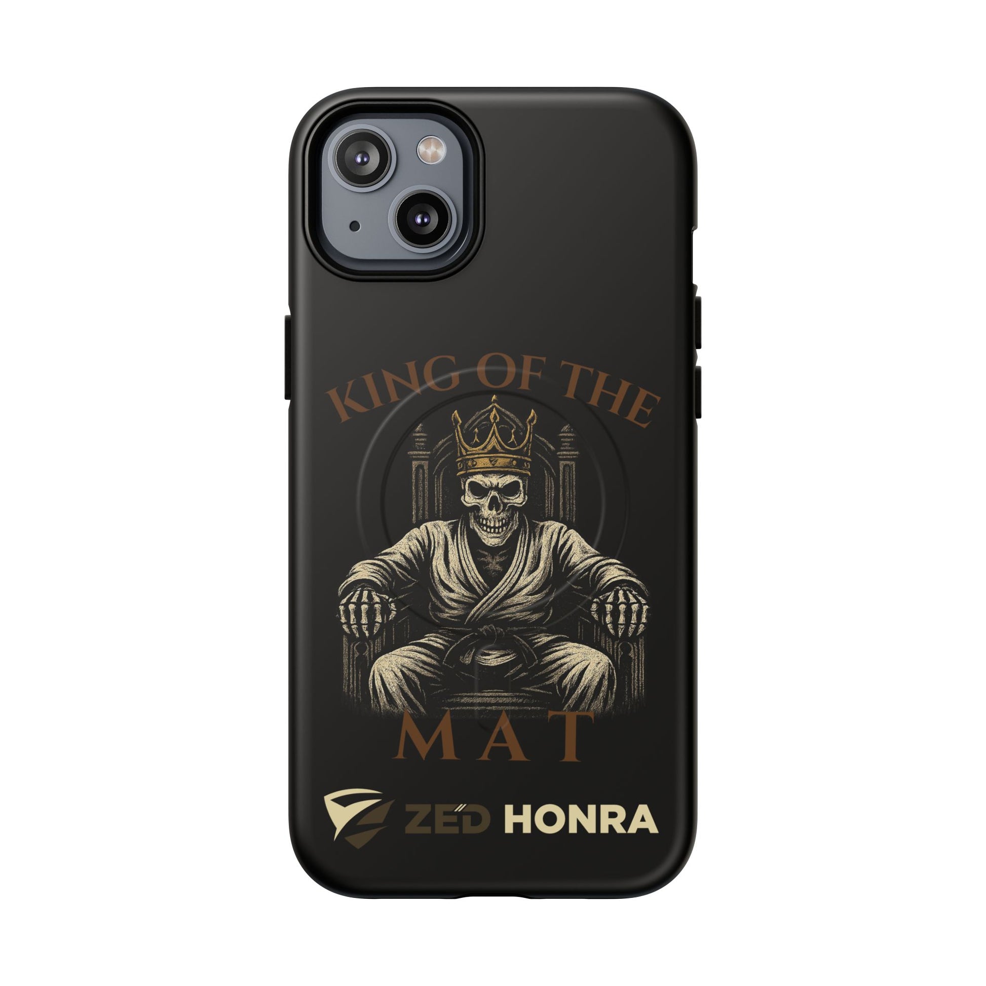 Phone case with a skull in a Zed Honra kimono and crown, text 'King of the Mat' and 'Zed Honra' logo.