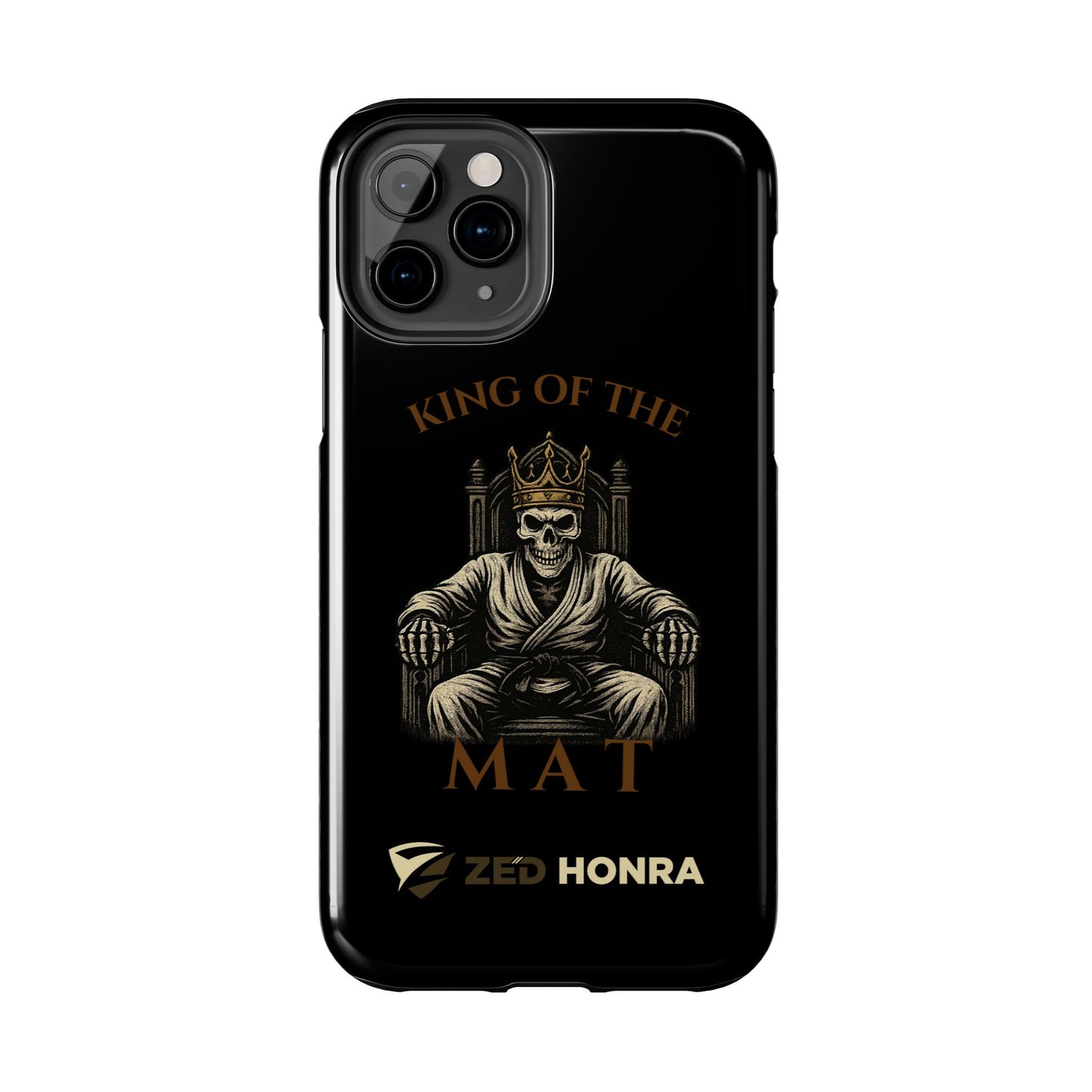 Phone case with a skull in a Zed Honra kimono and crown, text 'King of the Mat' and 'Zed Honra' logo.