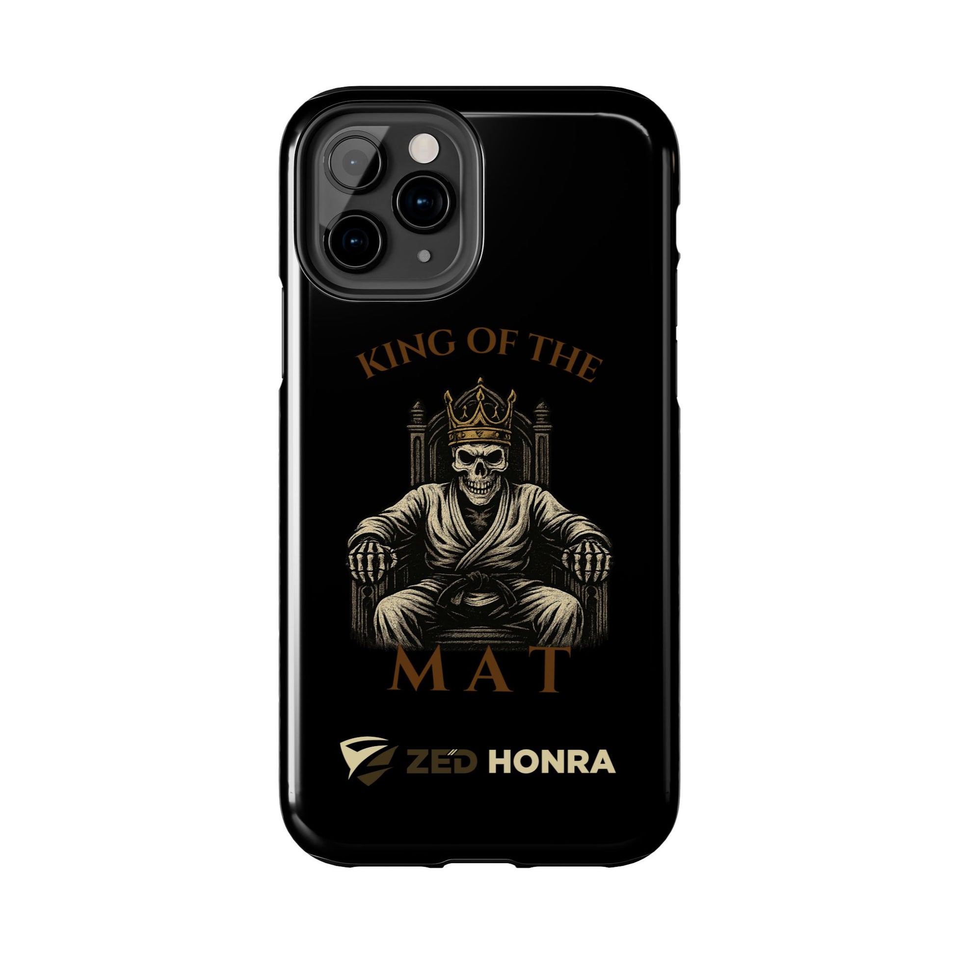 Phone case with a skull in a Zed Honra kimono and crown, text 'King of the Mat' and 'Zed Honra' logo.