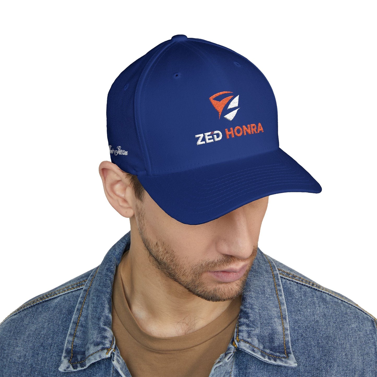 Blue FlexFit Cap – side profile view on model